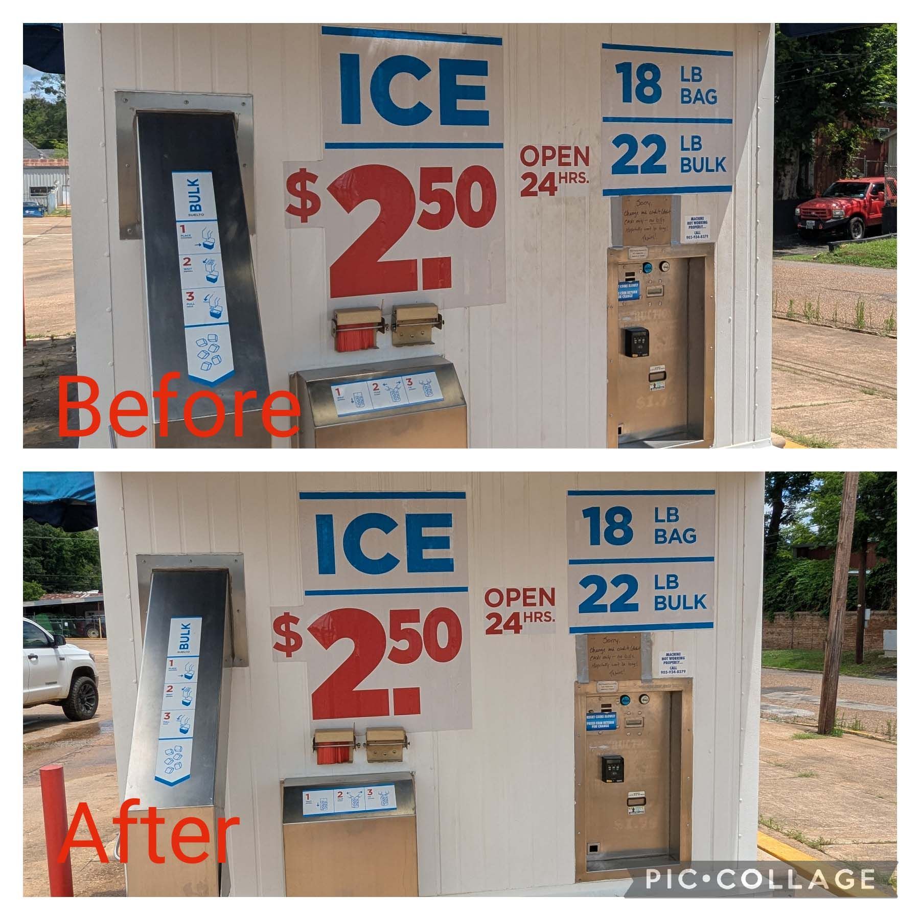 Before-and-after collage of an ice vending machine with “Before” and “After” labels and red price text.