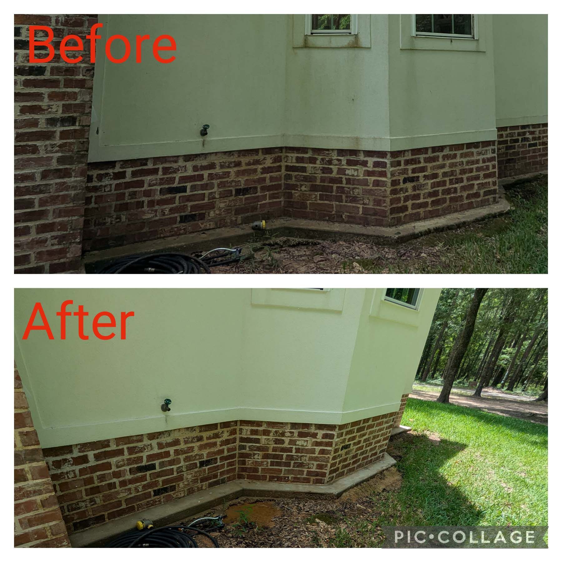 Before-and-after of a house exterior with a cleaned pale green wall and red brick foundation.