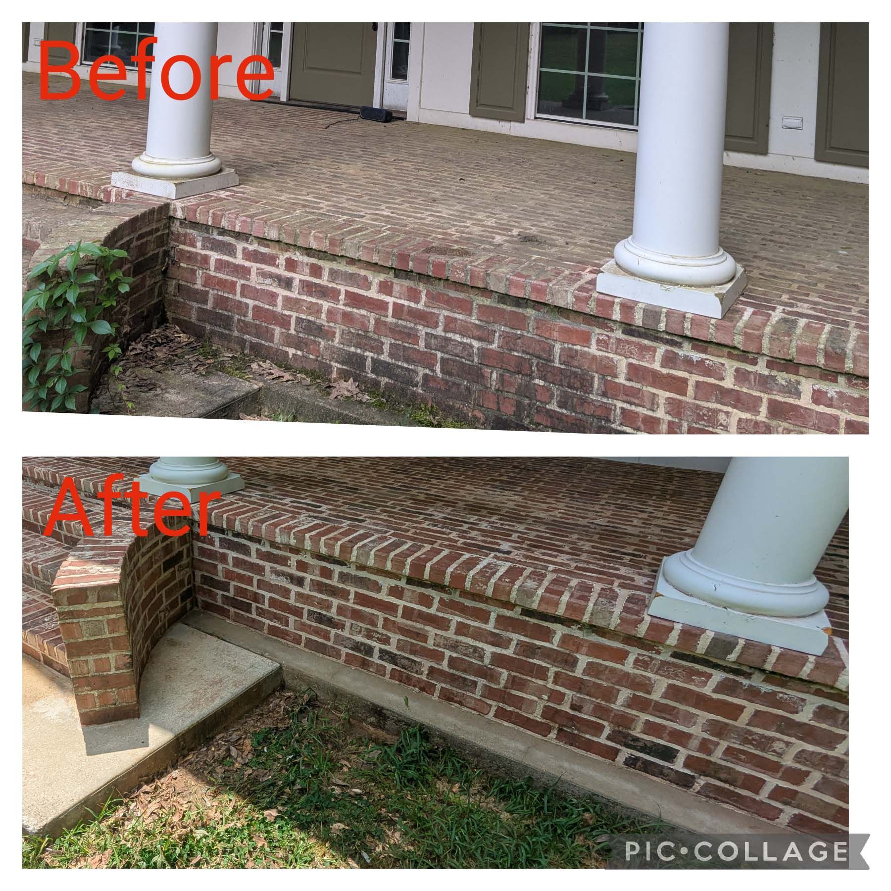 Before-and-after of a brick porch wall repair, with the steps widened and a ramp added.
