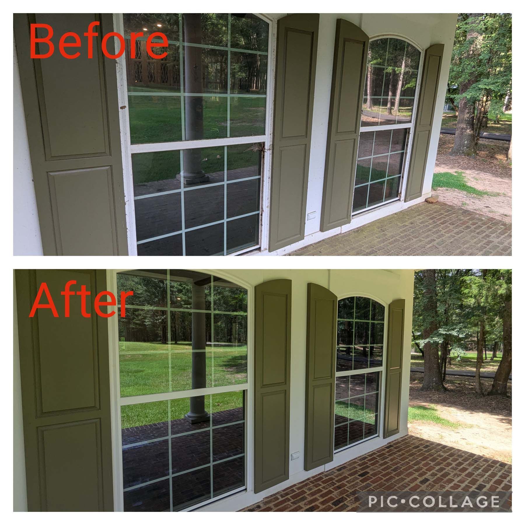 Before-and-after of a porch with windows, showing darker trim changed to light green.