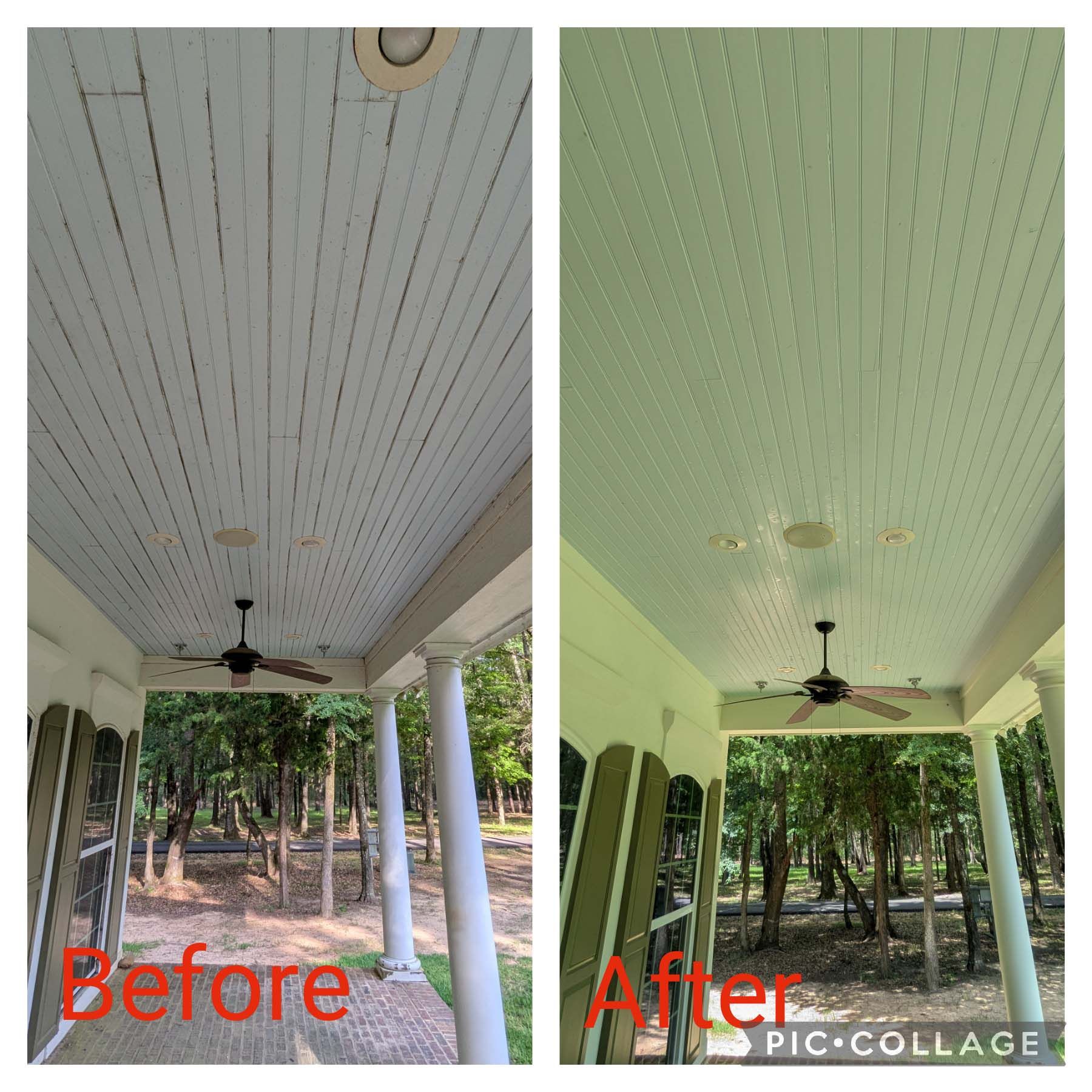 Porch ceiling comparison: before with gray ceiling and after painted pale green with fan and columns.
