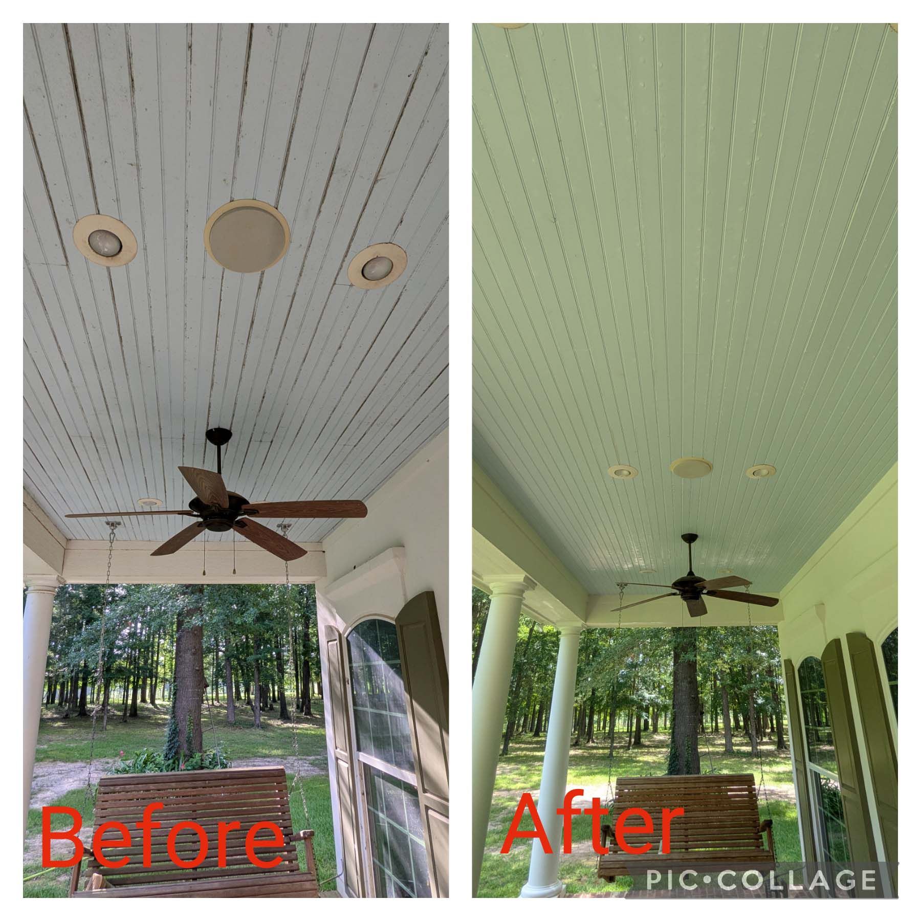 Before-and-after porch ceiling: white to light green, with ceiling fans and recessed lights.