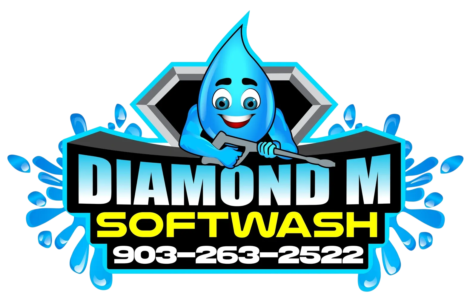 Diamond M Softwash logo with blue cartoon droplet and phone number 903-263-2522