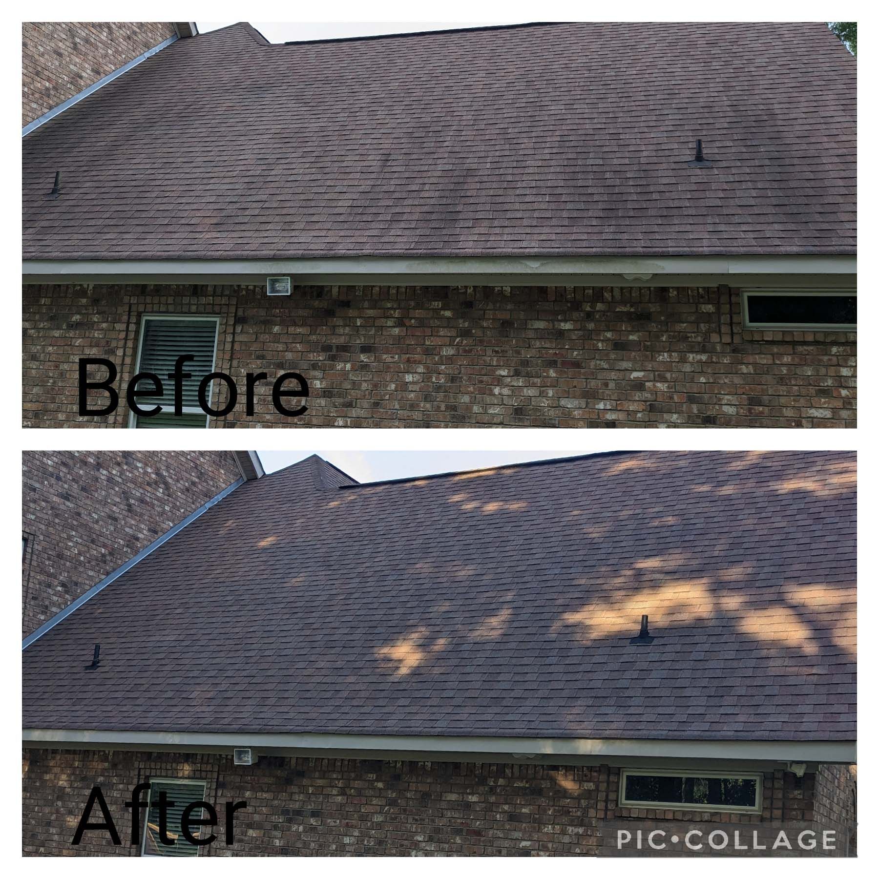 Before-and-after of a roof with dark shingles, showing cleaning results and lighter patches after treatment.