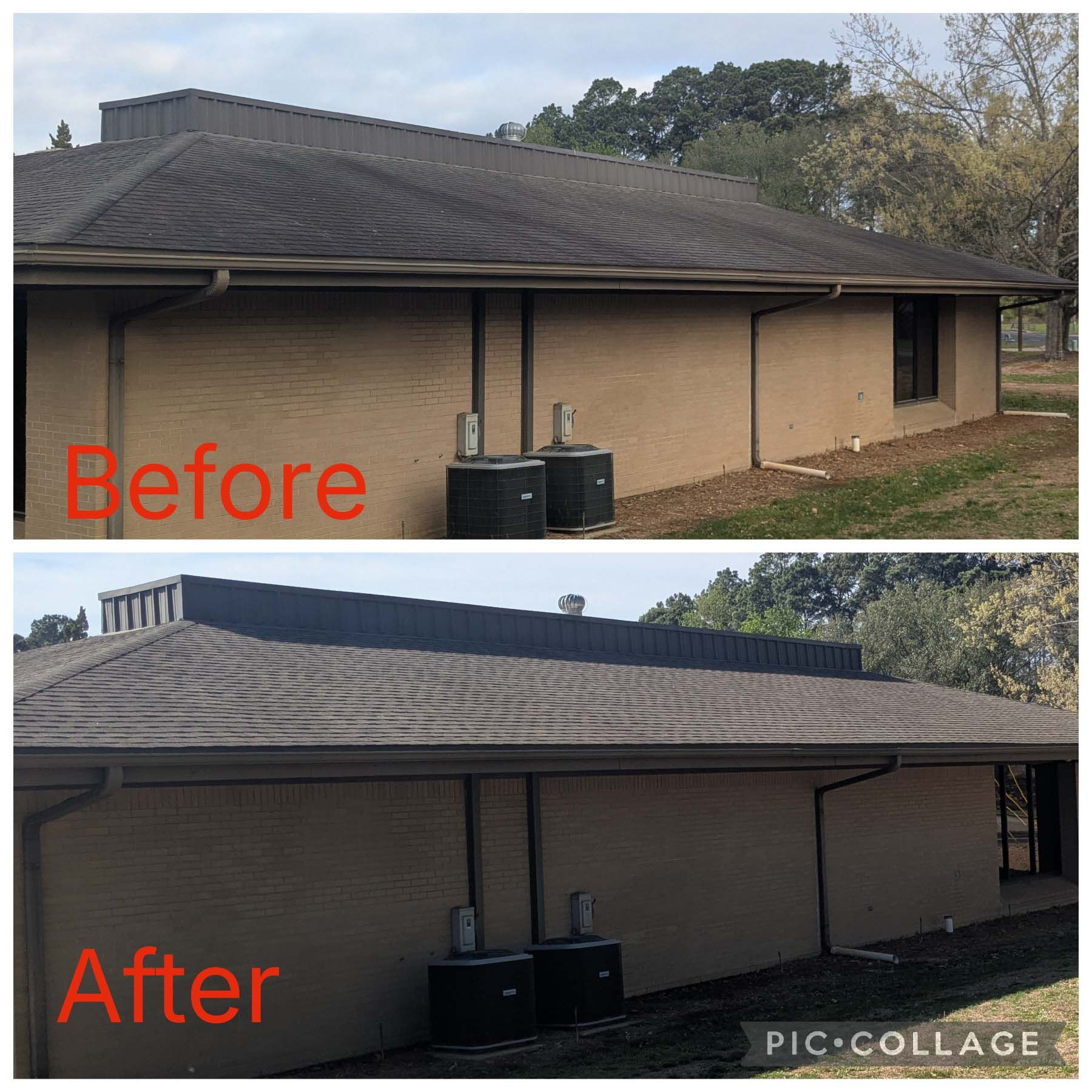 Before-and-after of a house roof, showing darker shingles after cleaning; HVAC units below.