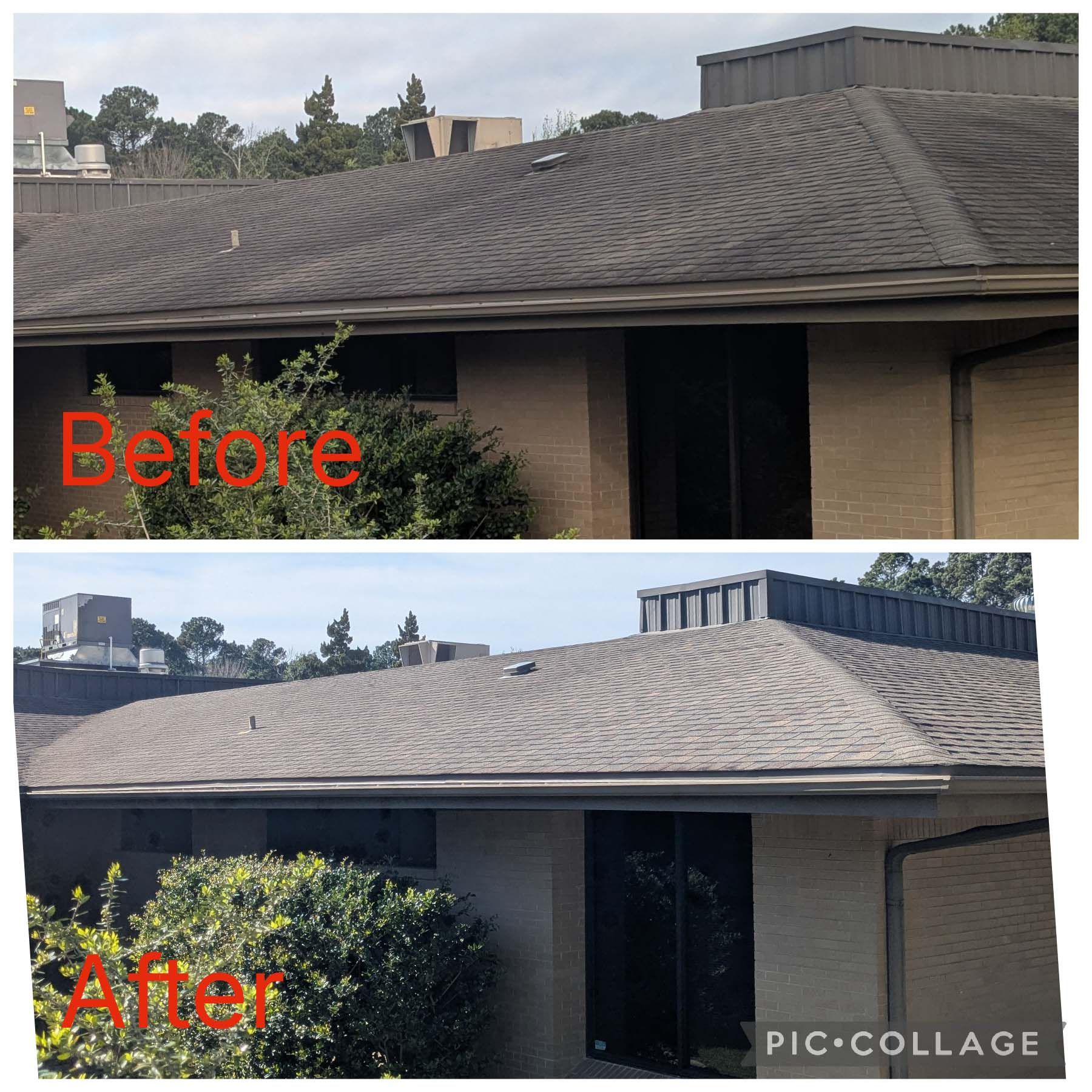 Roof pressure-wash before and after comparison on a home, showing a cleaner gray shingle roof after treatment