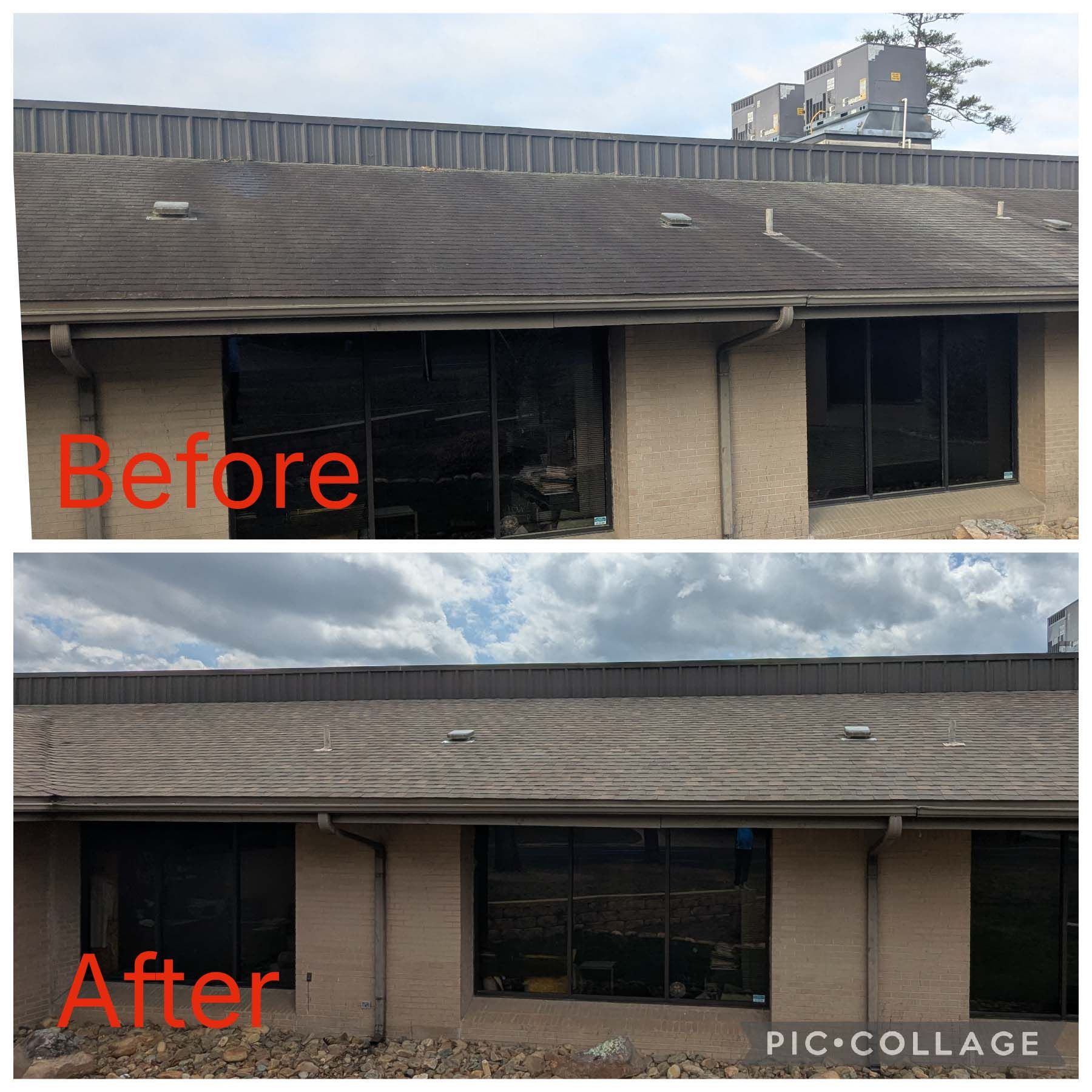 Before-and-after collage of a roof and building exterior, showing repairs and a cleaner appearance.