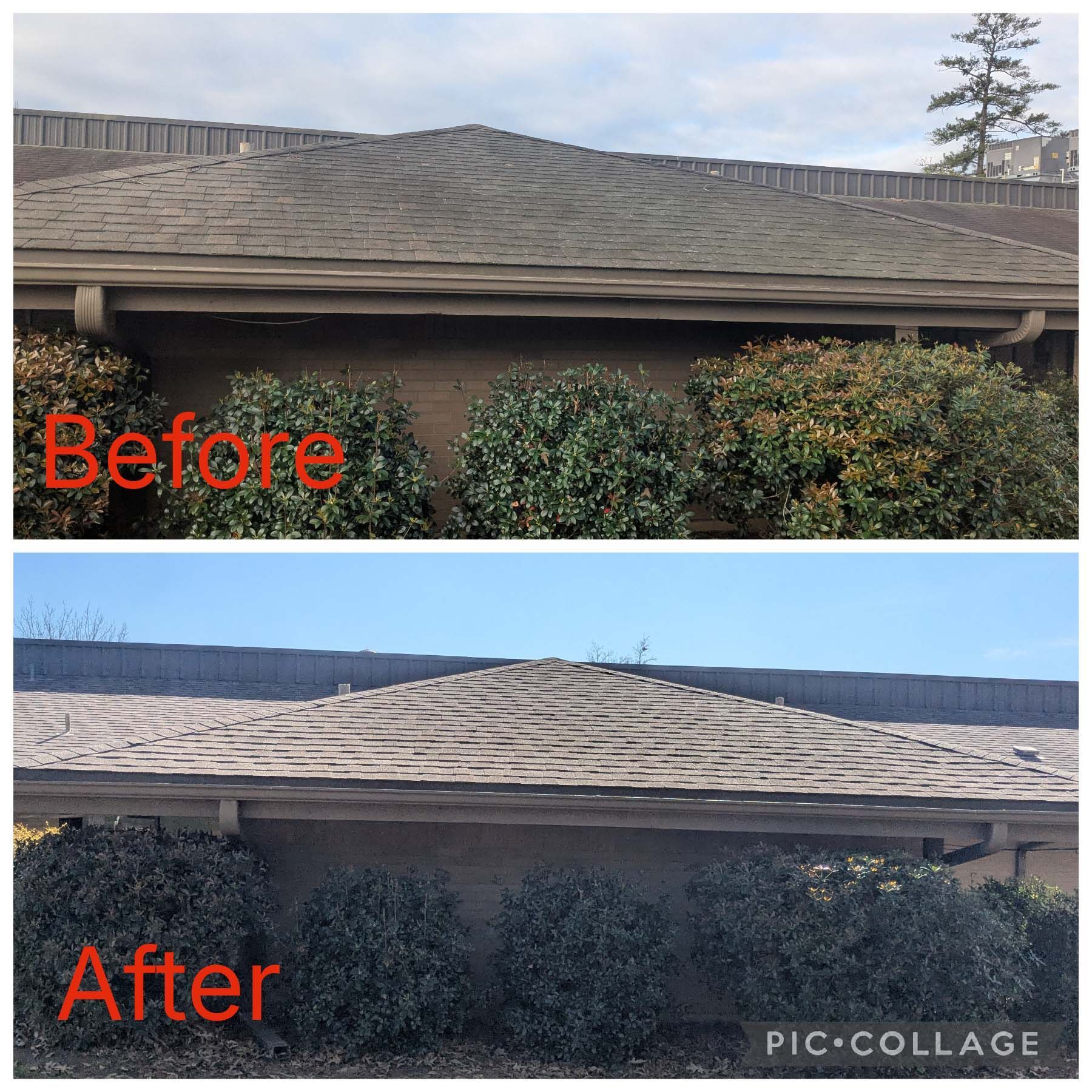 Before-and-after roof showing damage and repaired shingles on a house exterior.