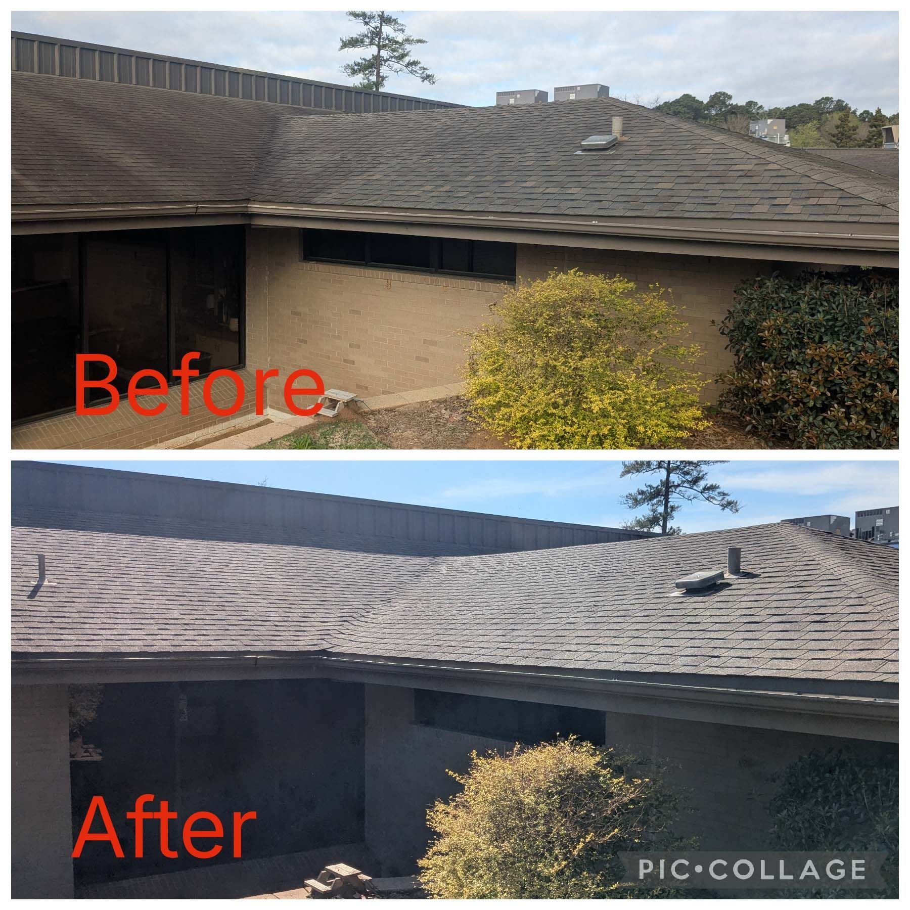 Before-and-after view of a roof and house exterior, with darker cleaned shingles in the after image.