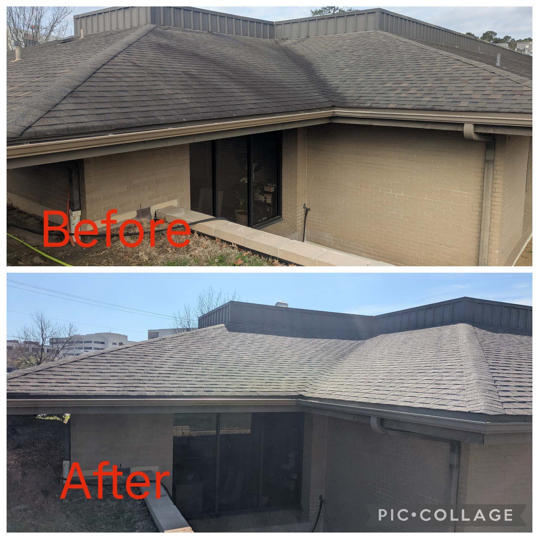 Before-and-after roof photos showing repaired dark gray shingles on a house.