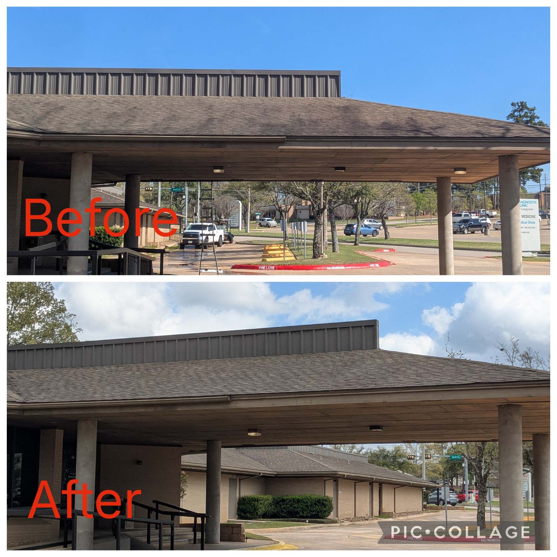 Before-and-after of a pavilion roof and beams, showing a lighter roof surface and reduced stains.