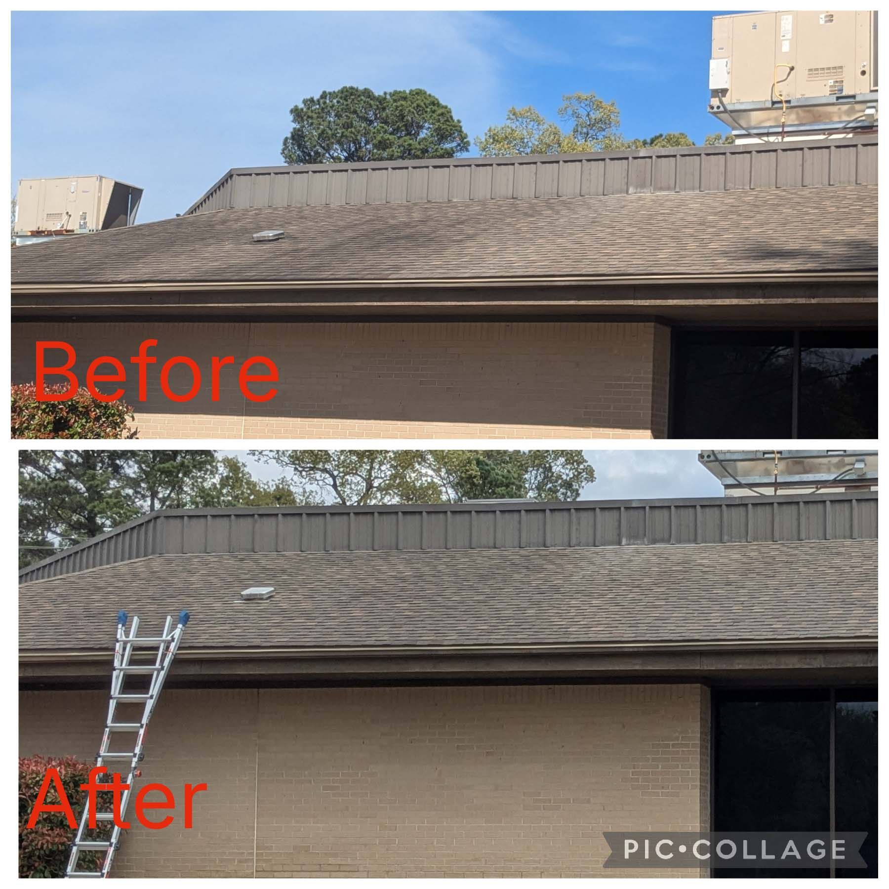 Before-and-after roof comparison: dark shingle roof washed clean, with ladder in the after image.