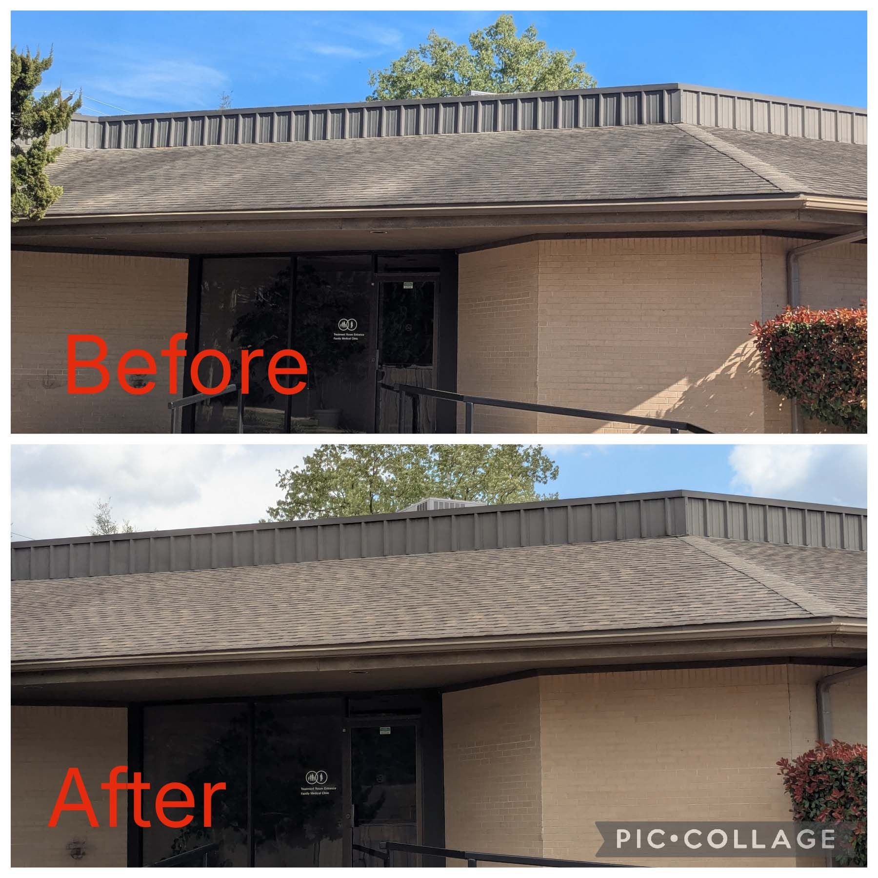 Before-and-after view of a building entrance canopy with a cleaner, more uniform surface after repair.
