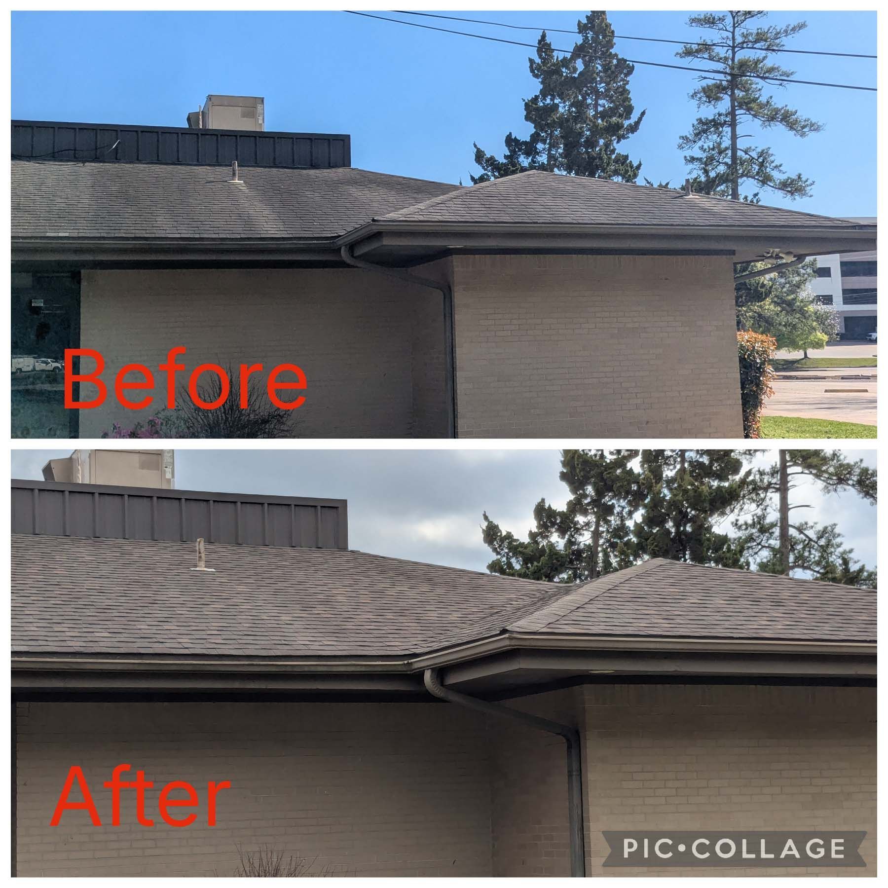 Before-and-after photos of a roof with visible shingle repair damage and smoothing.