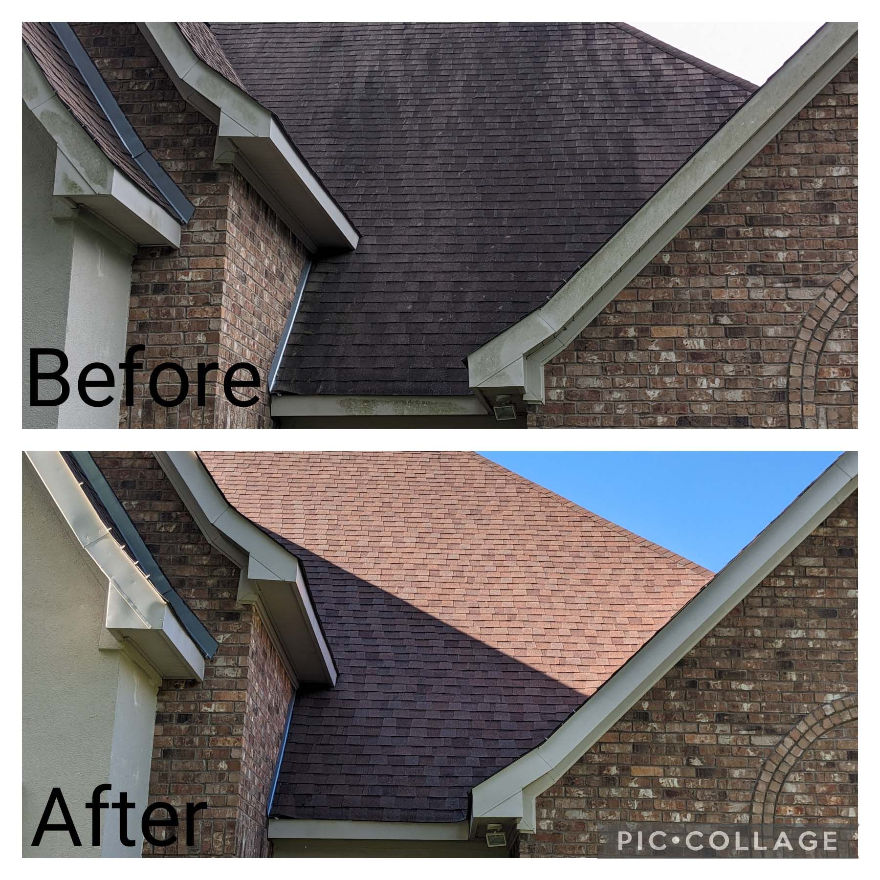 Before-and-after view of a house roof, showing dark shingles replaced with lighter reddish shingles.