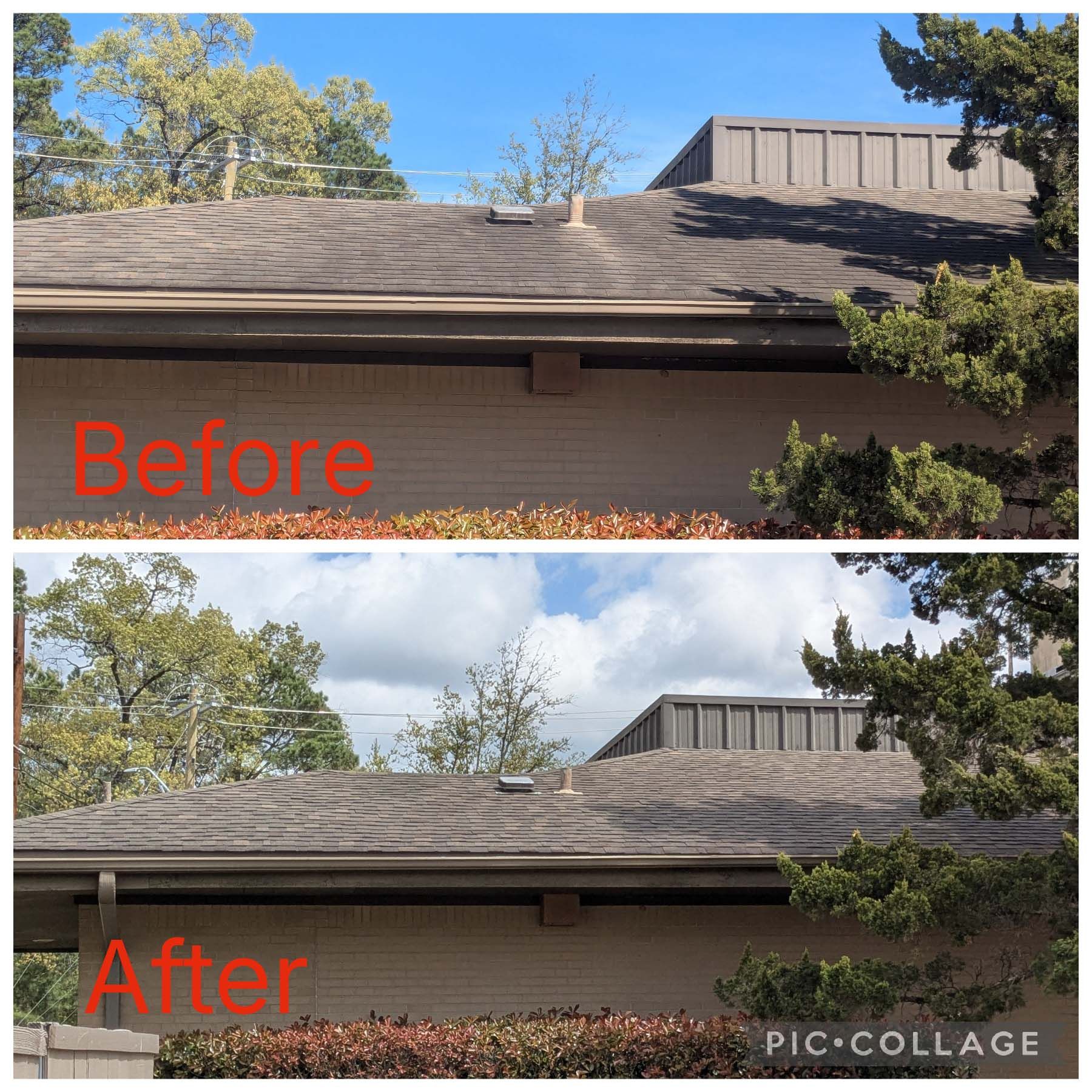Split before-and-after roof photos showing dark shingles replaced with lighter, cleaner shingles under a blue sky