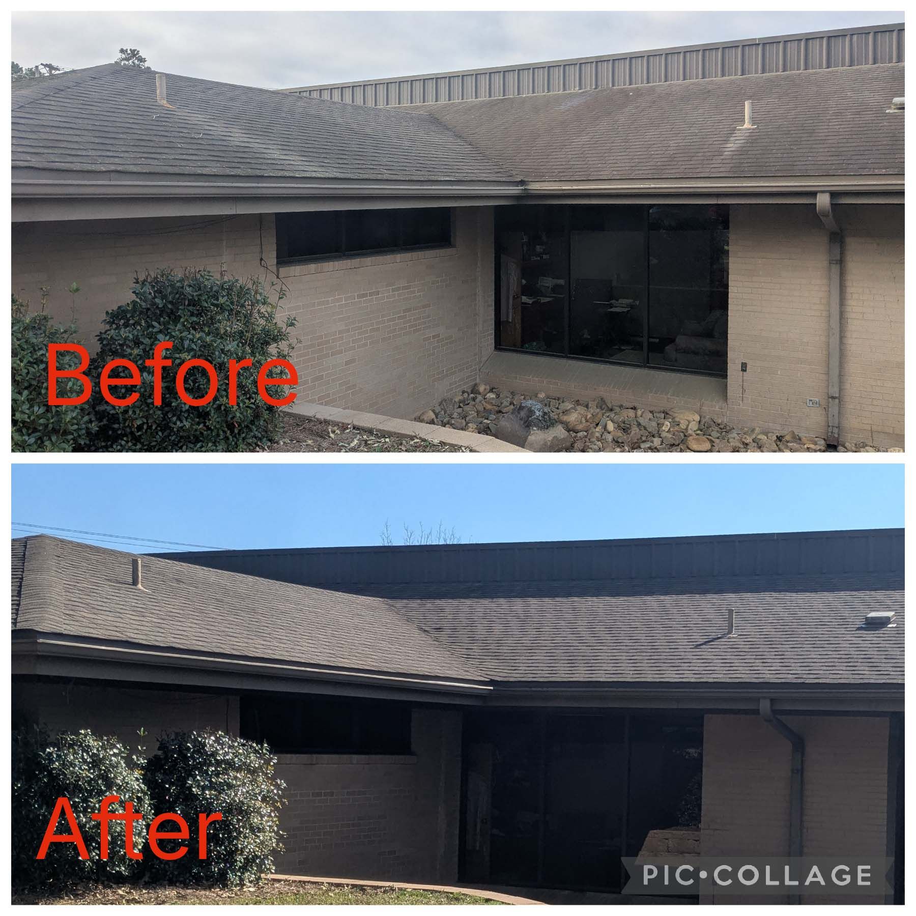 Before-and-after of a roof repair on a house, showing damaged shingles changed to a cleaner repaired roof.