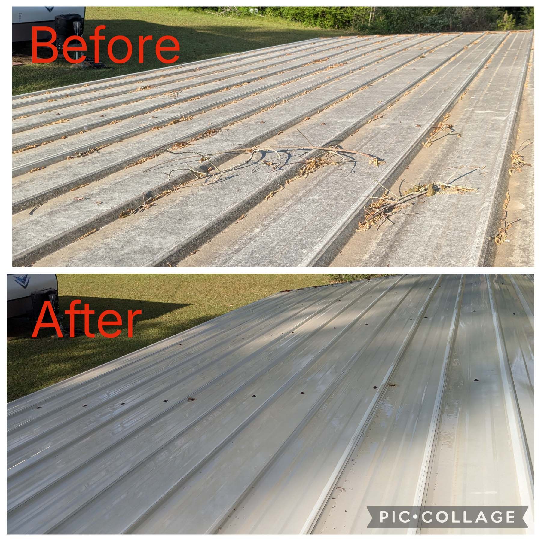Before-and-after collage of a cleaned, painted corrugated metal roof or deck surface.