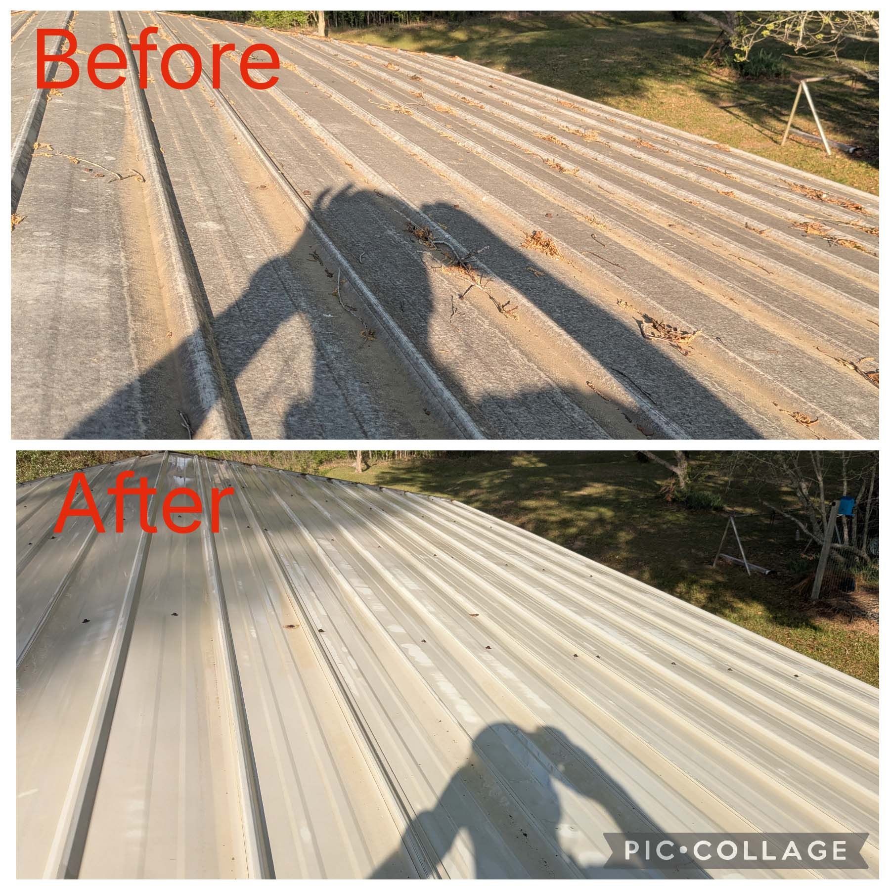 Before-and-after of a roof: rusted corrugated metal replaced with clean white panels.