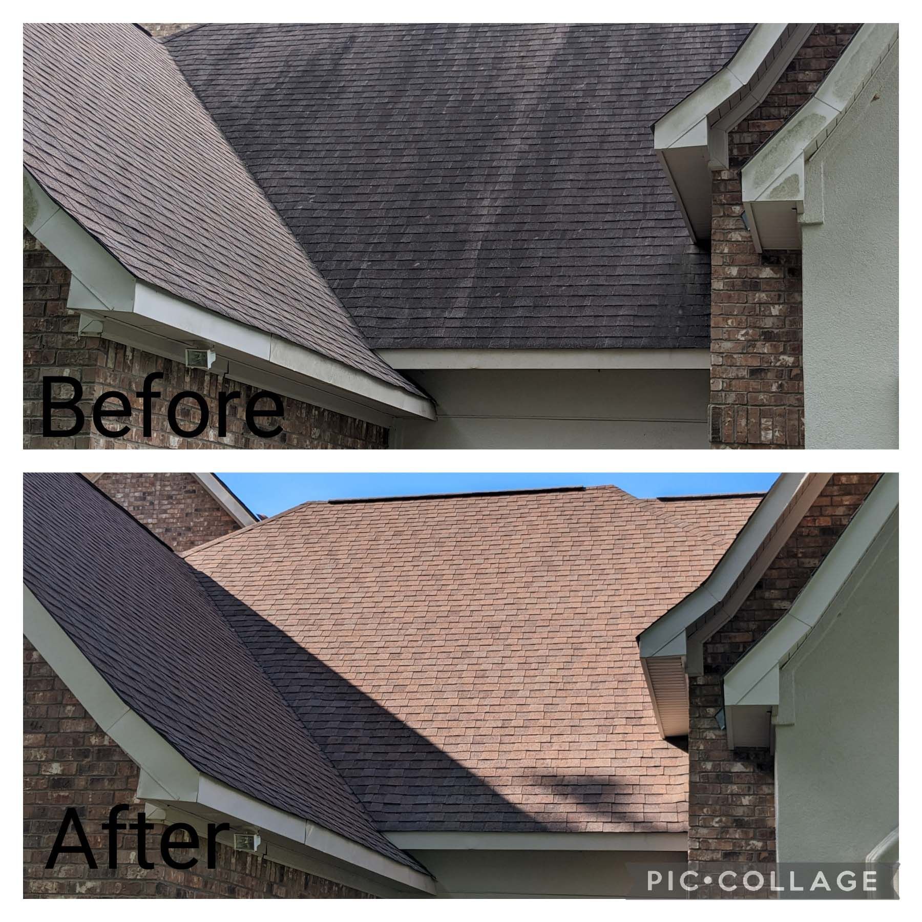 Before-and-after roof photo showing a dark shingle roof replaced with light tan shingles.