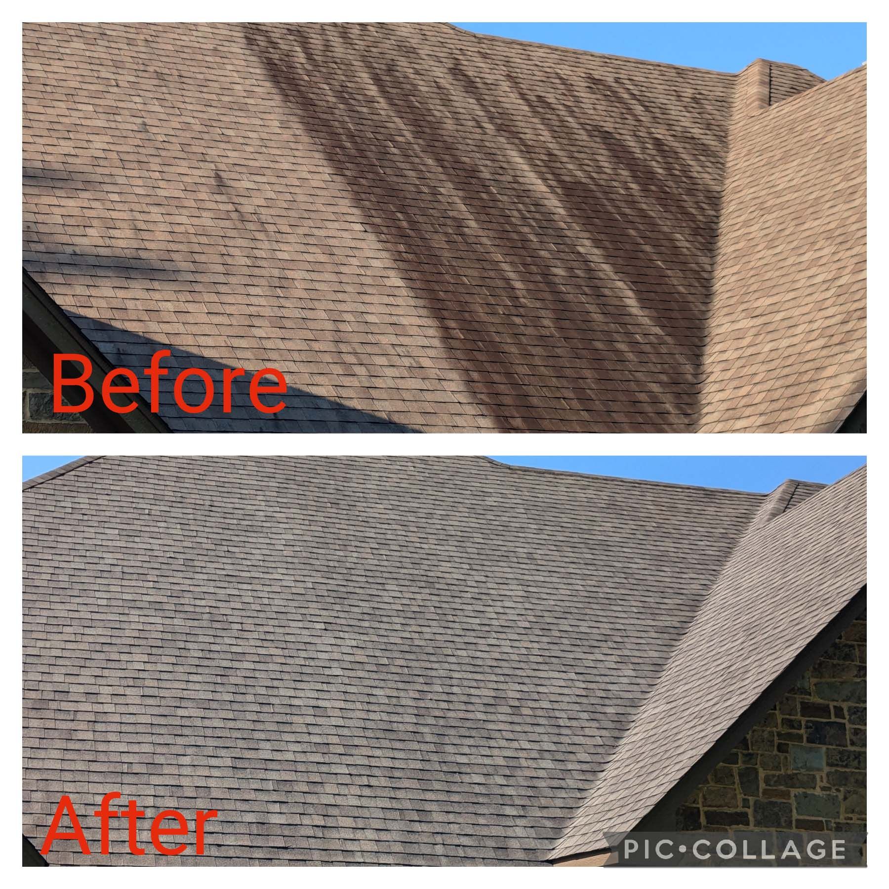 Before-and-after roof shingles: dark stained roof changed to clean gray shingles.