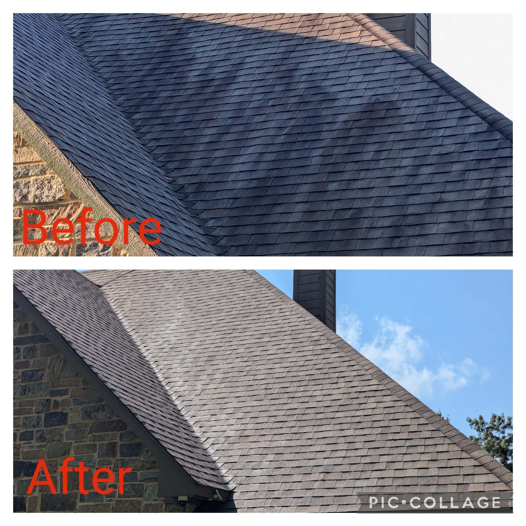 Before-and-after of a roof shingle color change from dark blue to light gray.