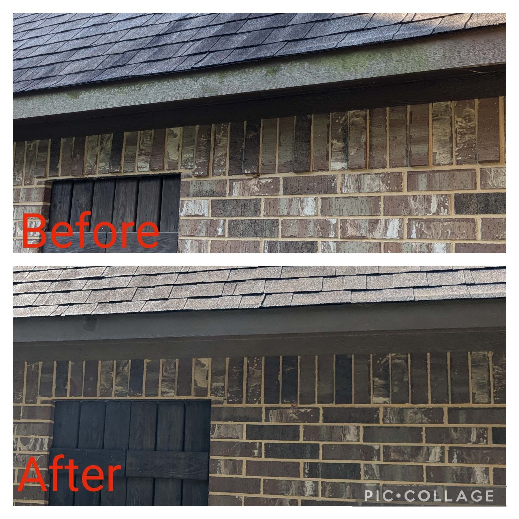 Before-and-after close-up of a house roof and brick wall, with darker trim and painted brick in the after view.