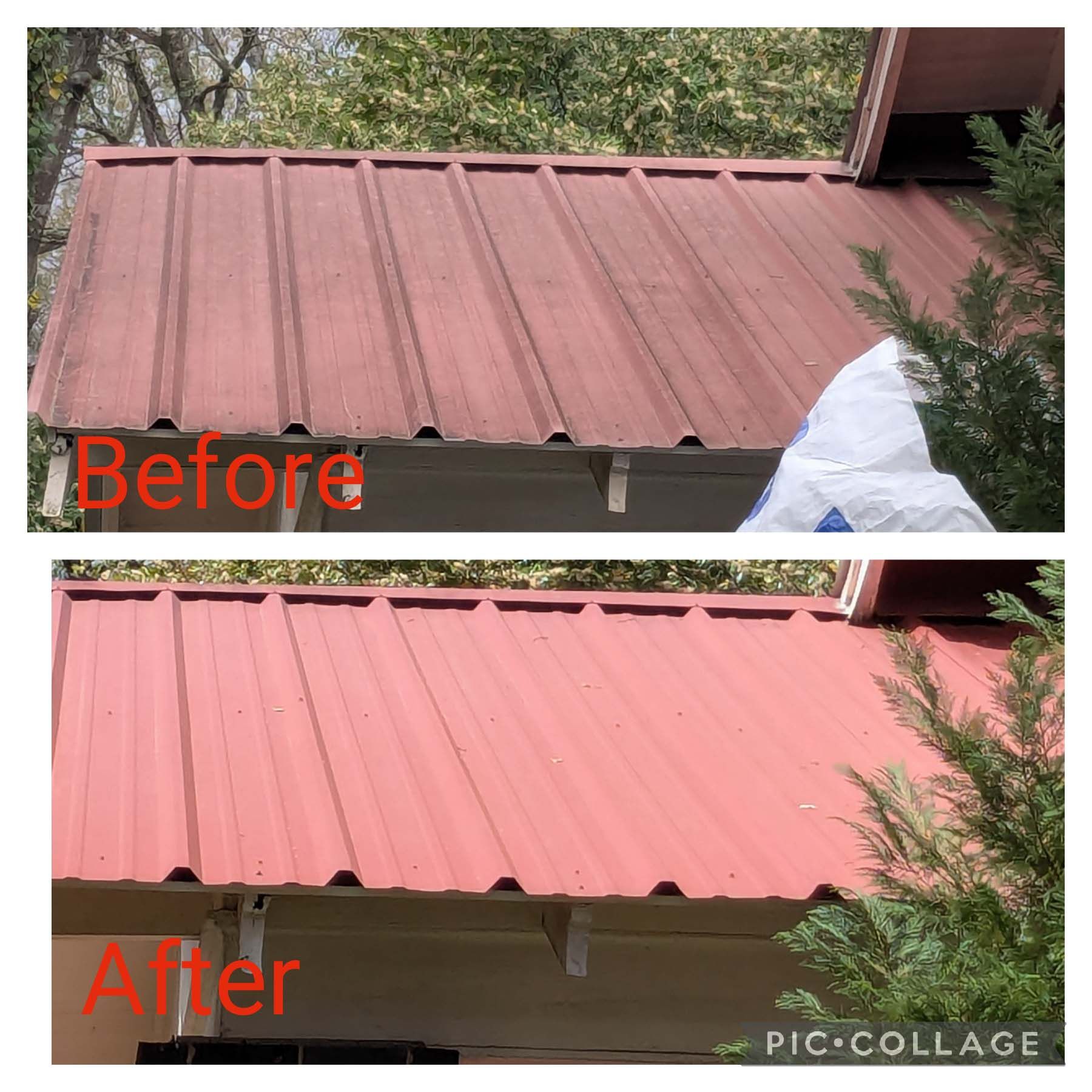 Before-and-after view of a red metal roof, showing cleaning or restoration results.