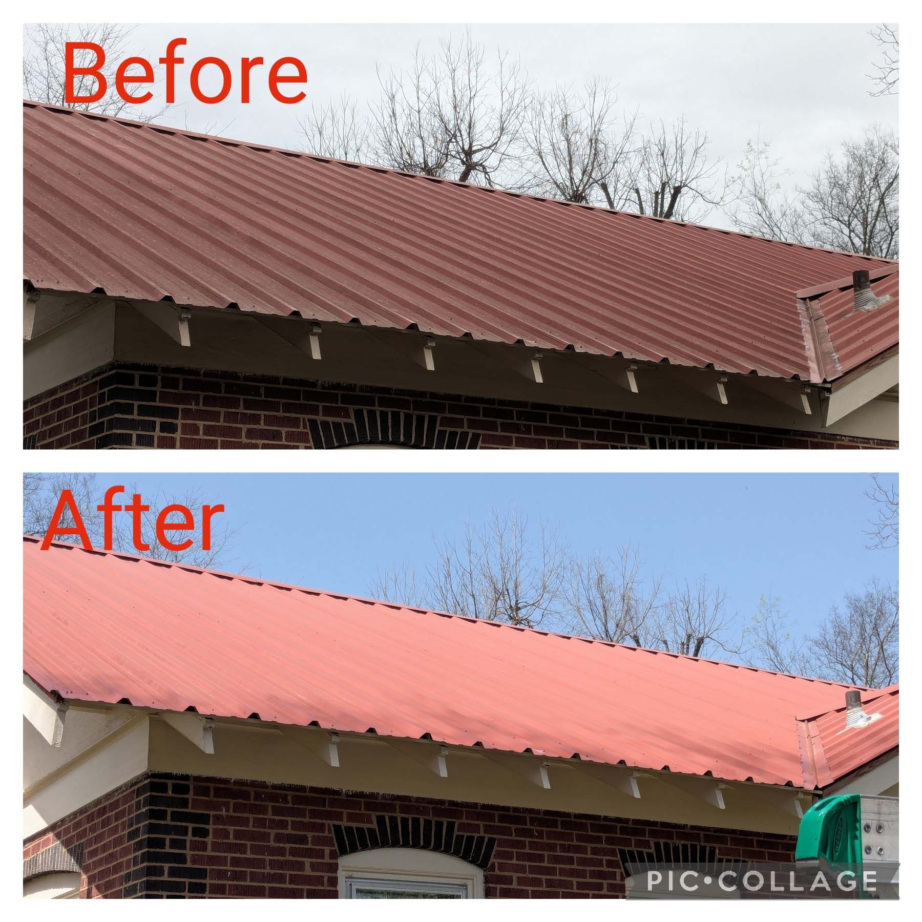Before-and-after collage of a roof: worn brown shingles replaced with bright pink-red roofing.