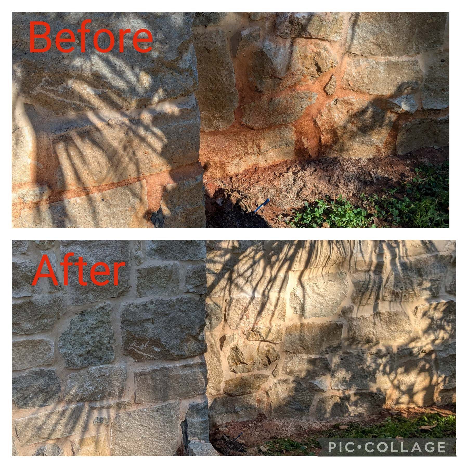 Before-and-after collage of a stone wall, showing a darker wall and a cleaner, lighter wall with tree shadows.