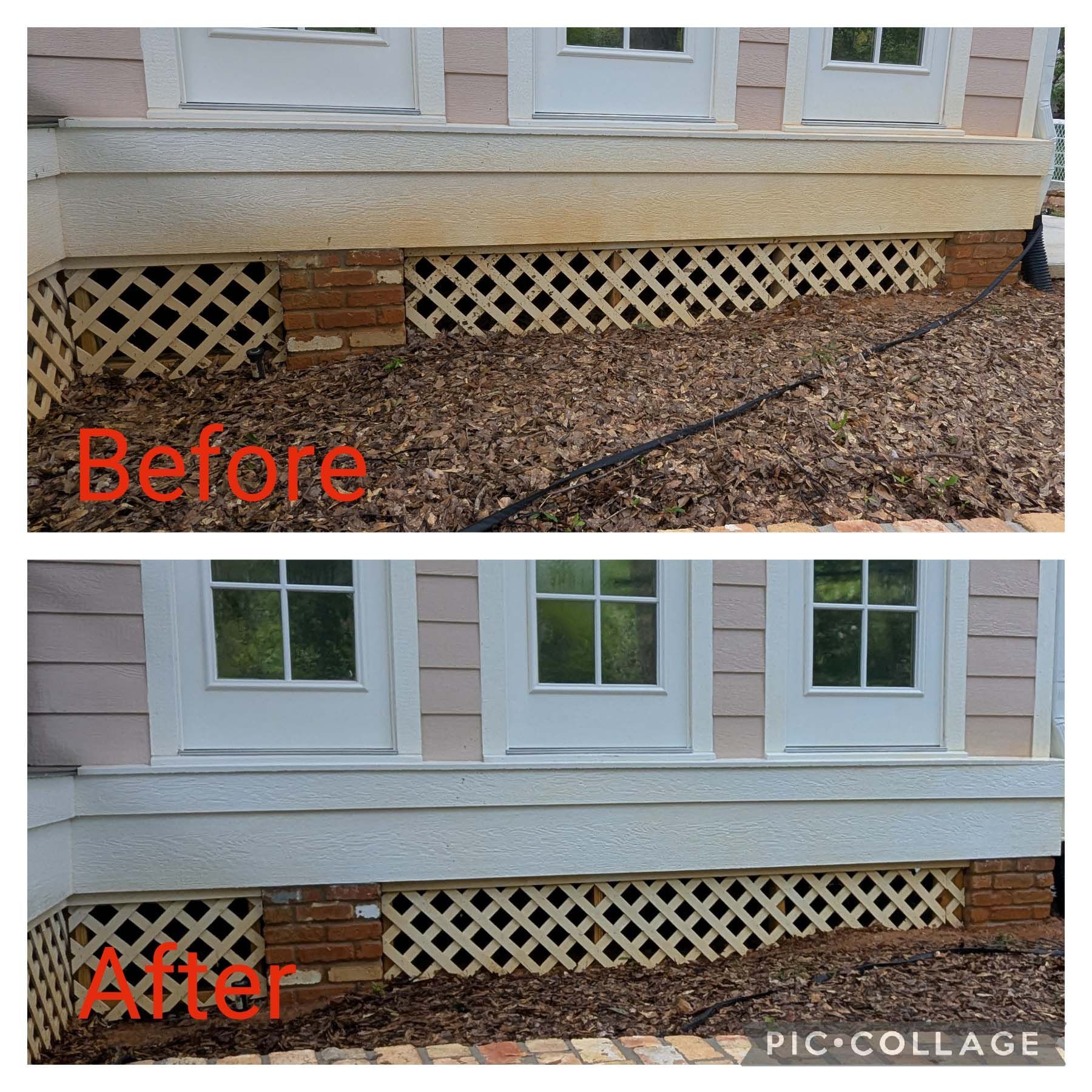 Before-and-after view of a house foundation lattice, with the lower panel repaired and painted white.
