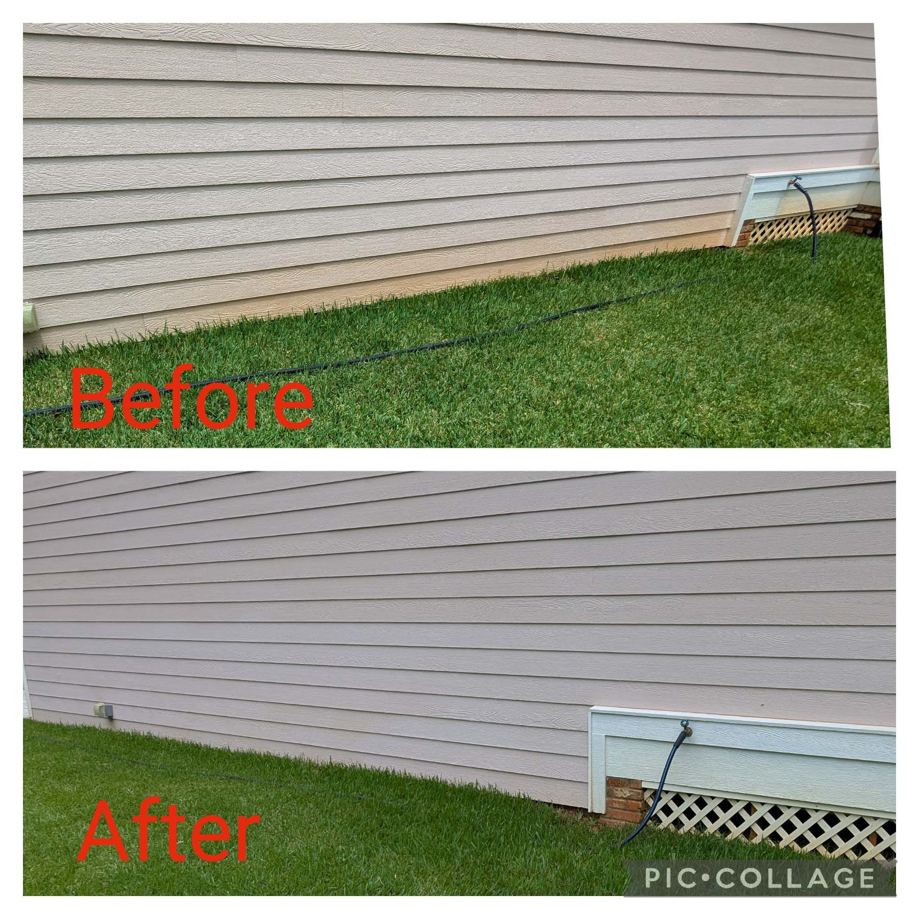 Before-and-after of a house wall and lawn, showing improved siding cleanup and a removed pipe near the foundation.