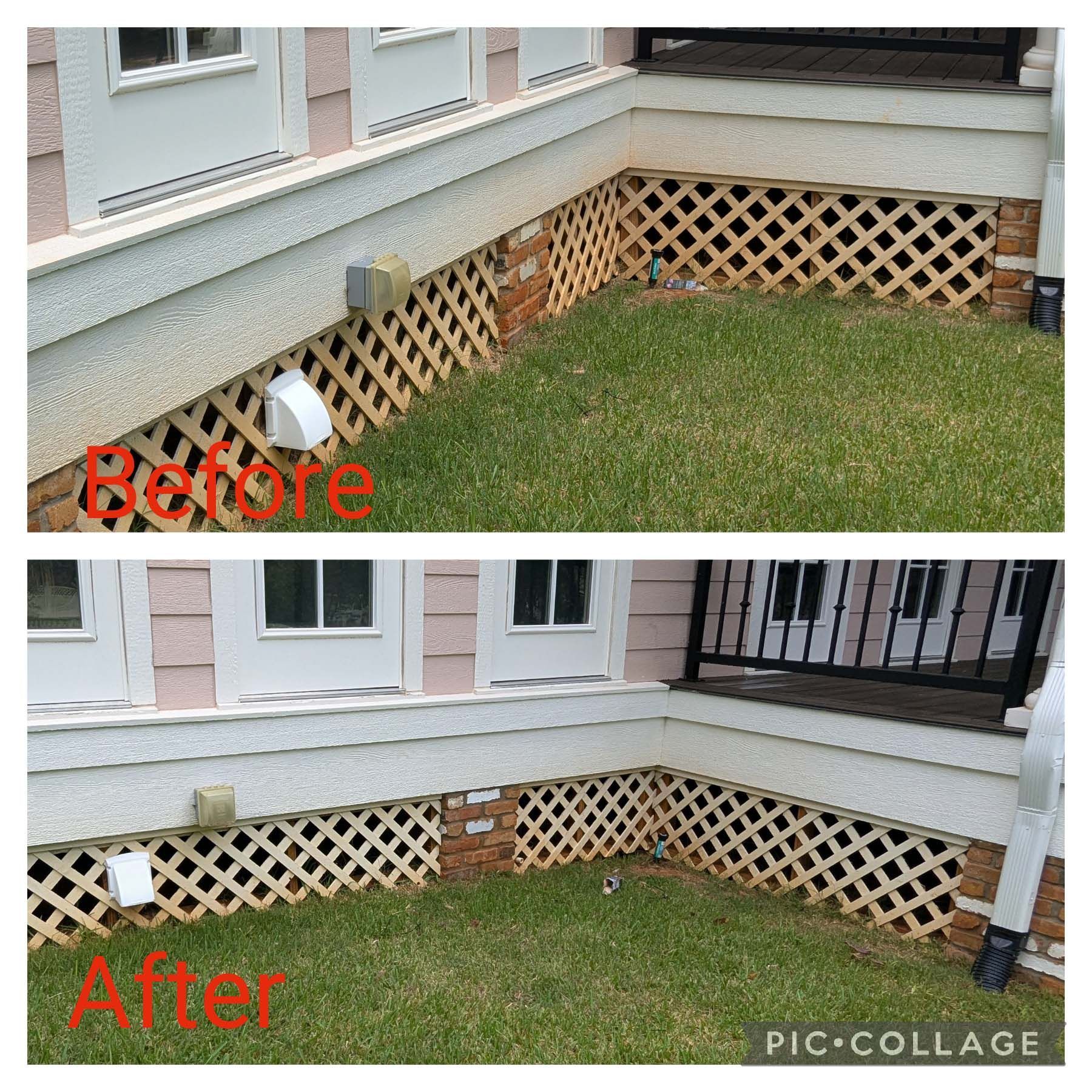 Before-and-after view of lattice skirting added under a house porch, with grass in front.