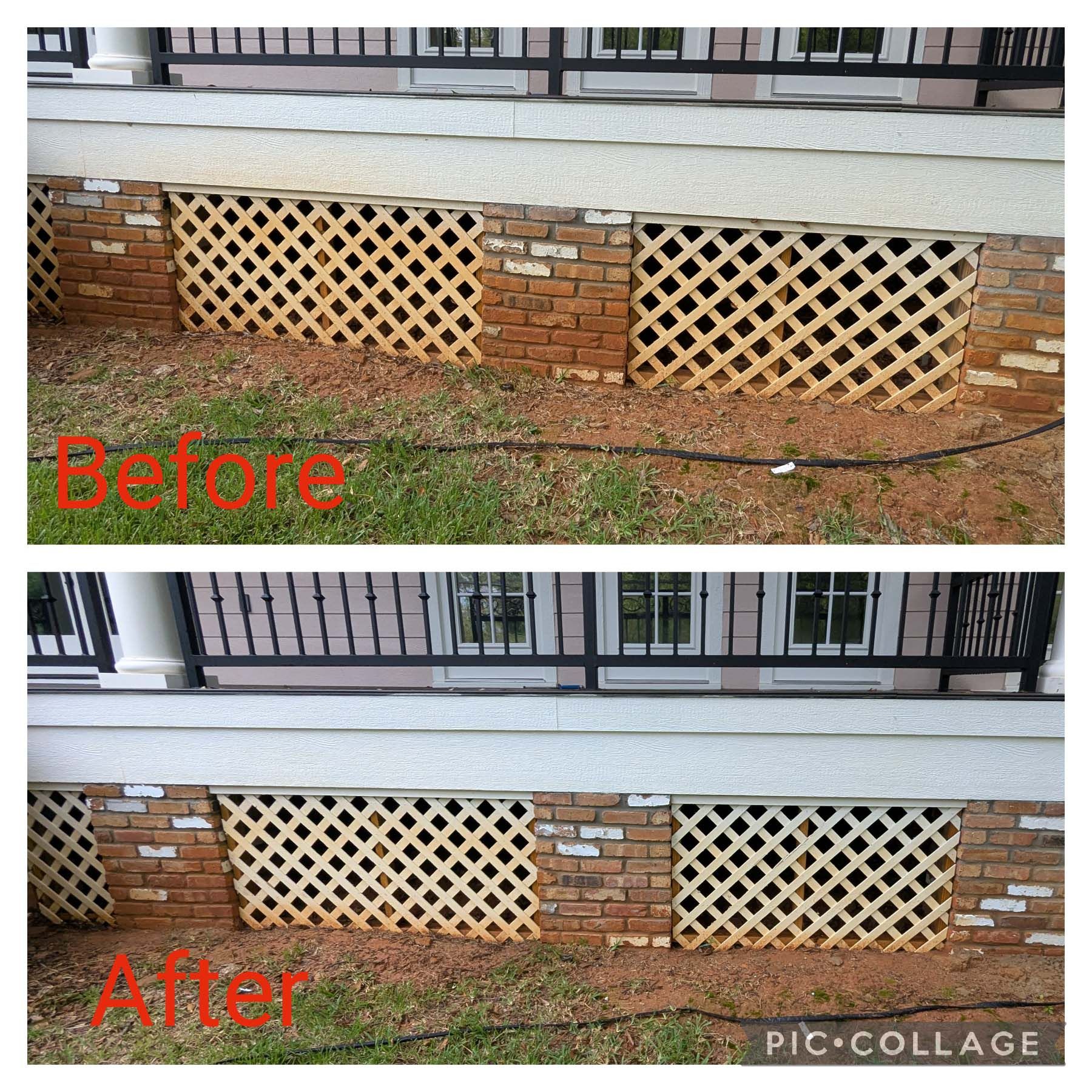 Before-and-after of a house foundation with repaired brick and lattice vent openings.