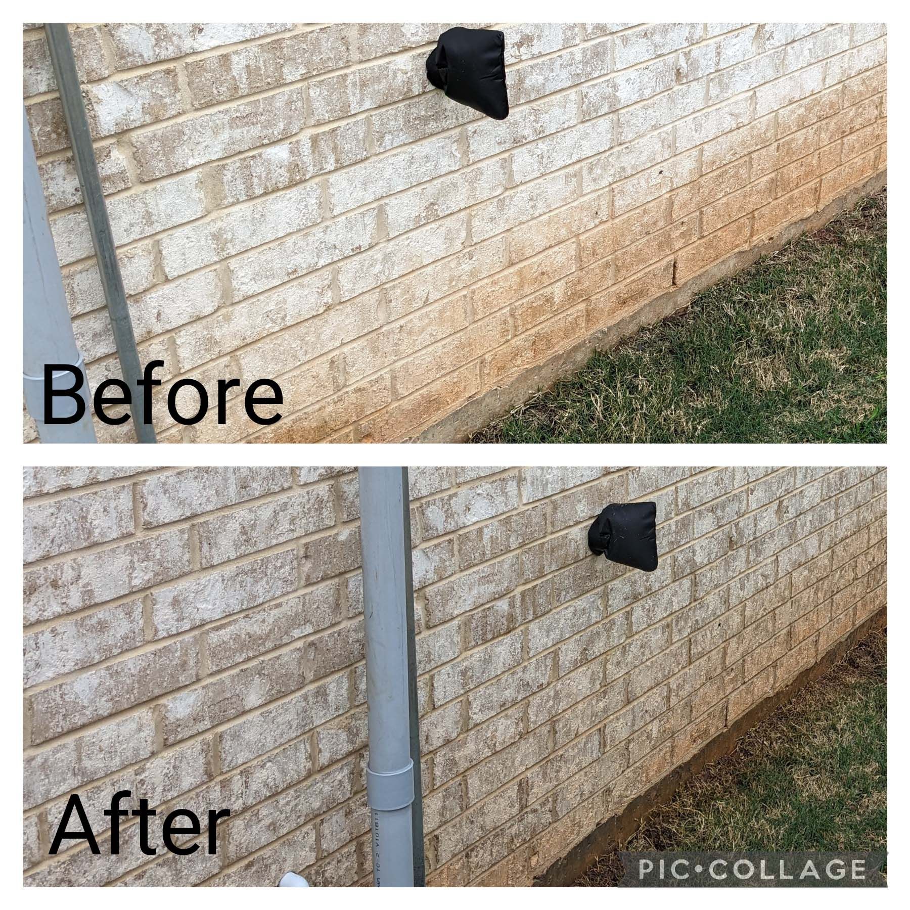 Before-and-after of a brick wall repair, showing a new gray downspout added beside a black vent.