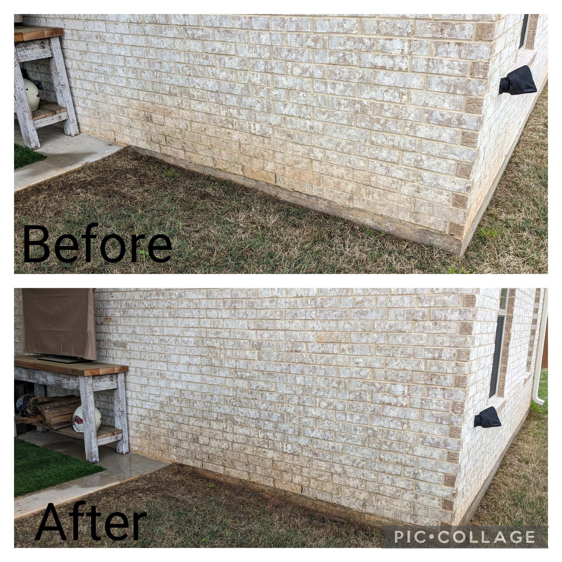 Before-and-after of a brick wall and ground, showing cleaned, brighter masonry and cleared grass.