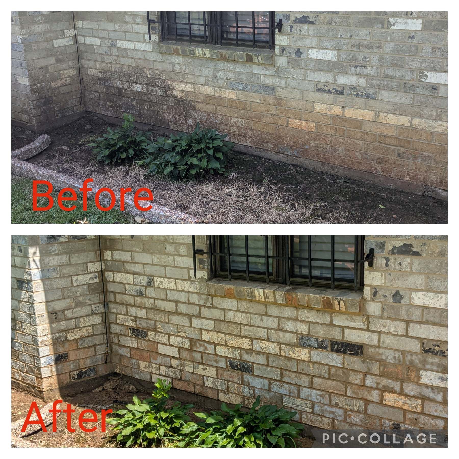 Before-and-after of a small garden bed by a brick wall: overgrown plants removed, area cleared and mulched.