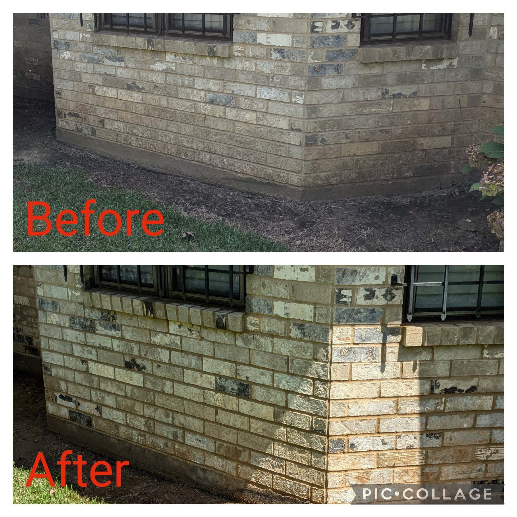 Before-and-after of a brick house wall, showing cleaning/restoration with brighter bricks after.
