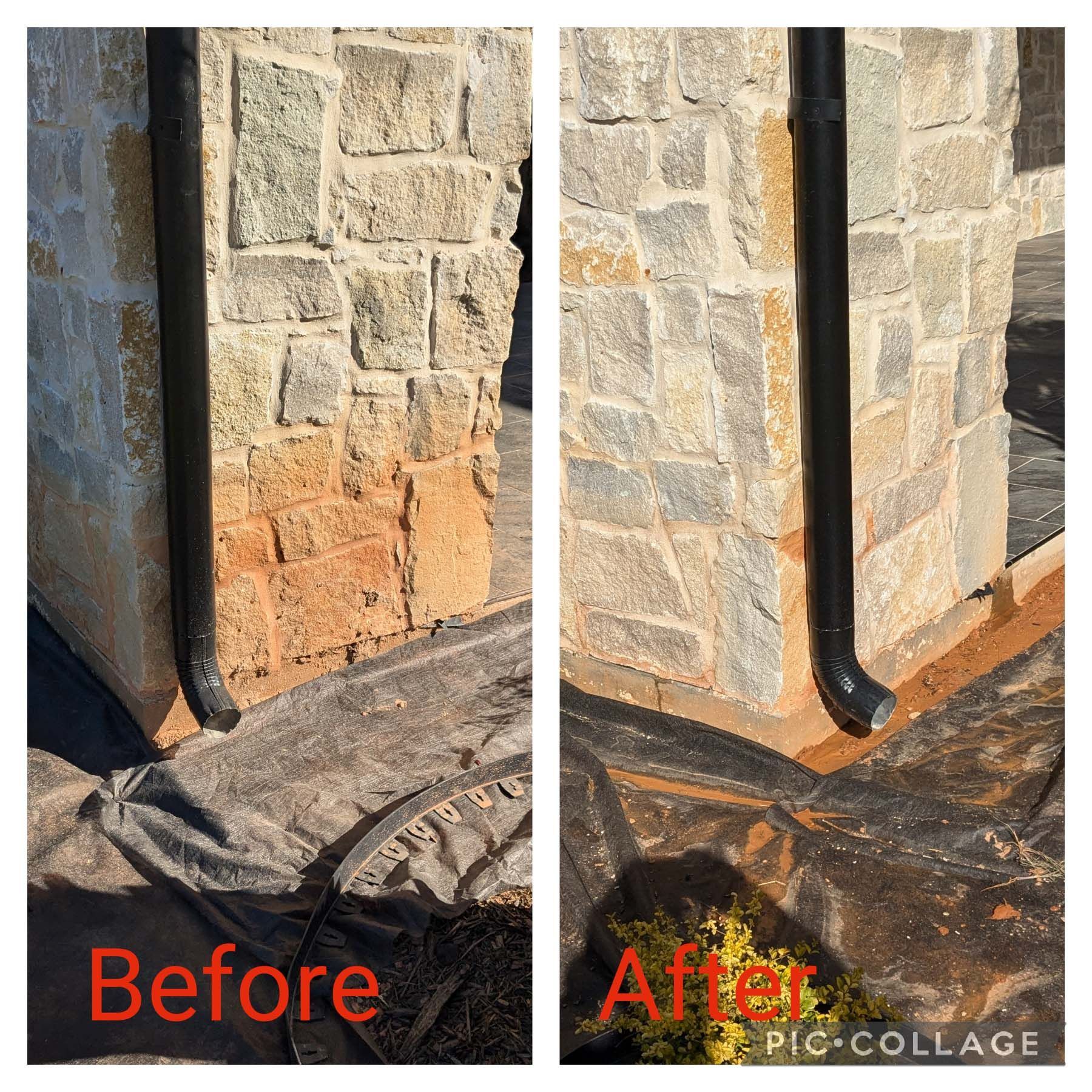Before-and-after view of a stone wall and black drainpipe repair, with exposed orange patch in the after image.