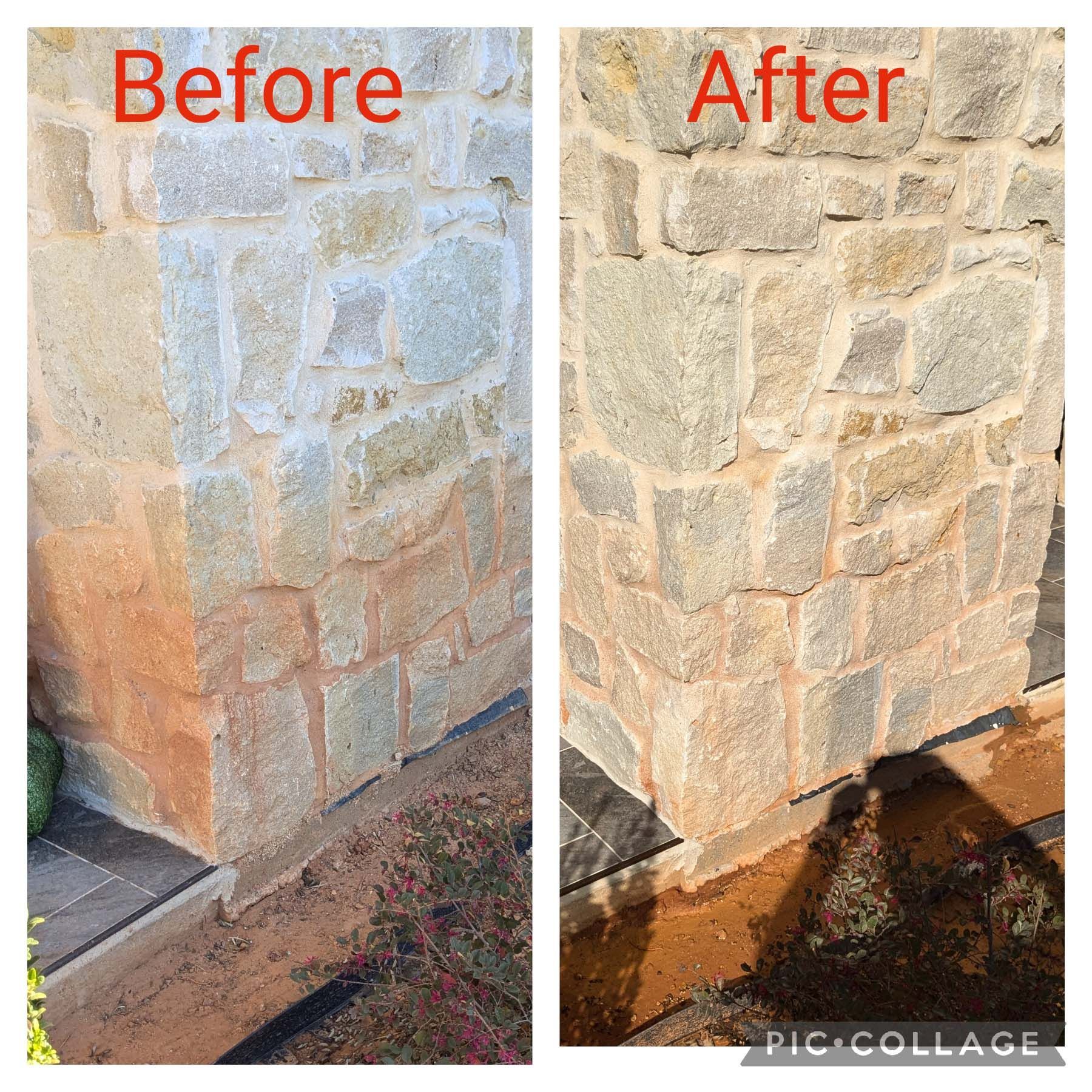 Before-and-after of a stone wall cleaning, with faded stone on the left and brighter stone on the right.