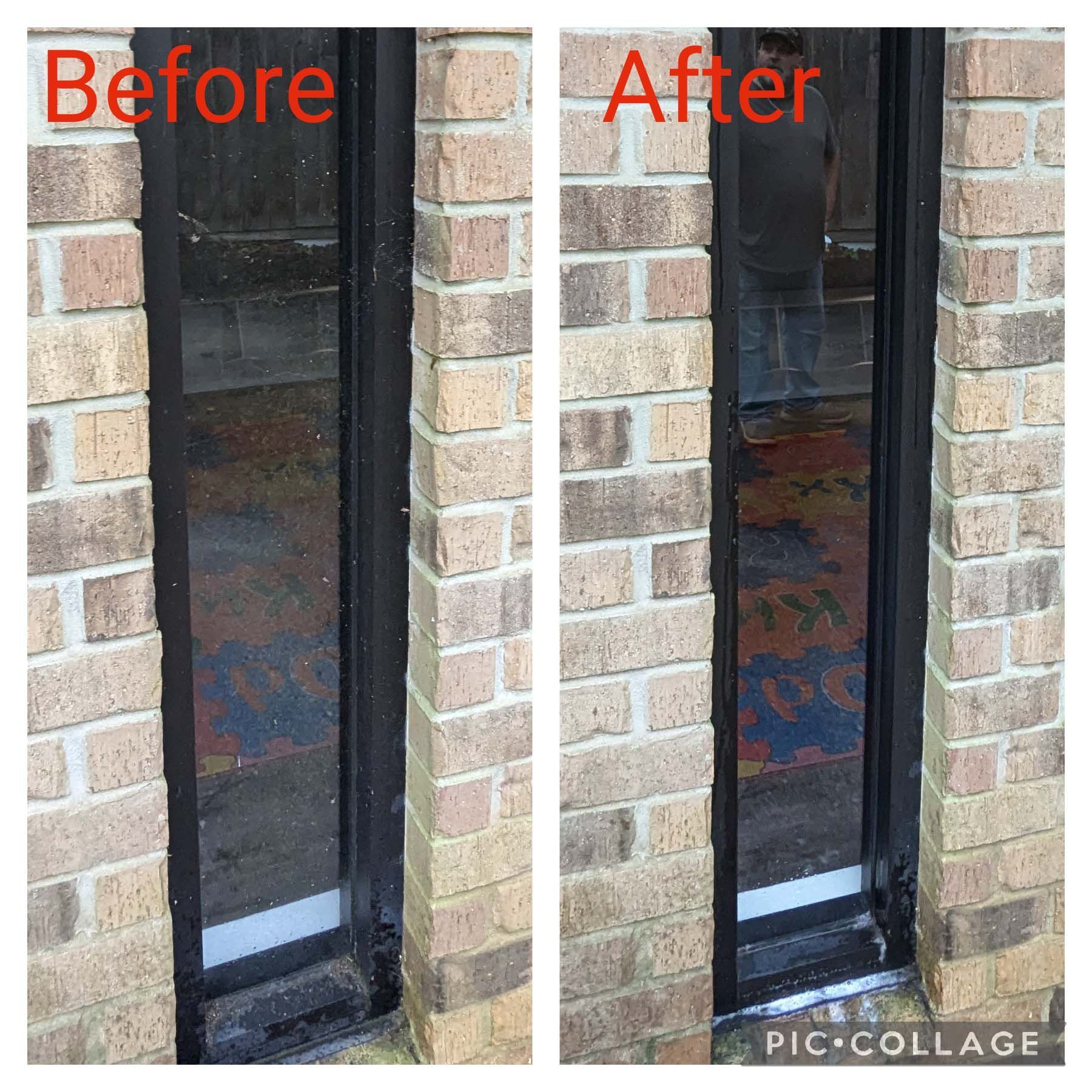 Before-and-after view of a brick wall with a narrow black-framed door or window repaired and cleaned.