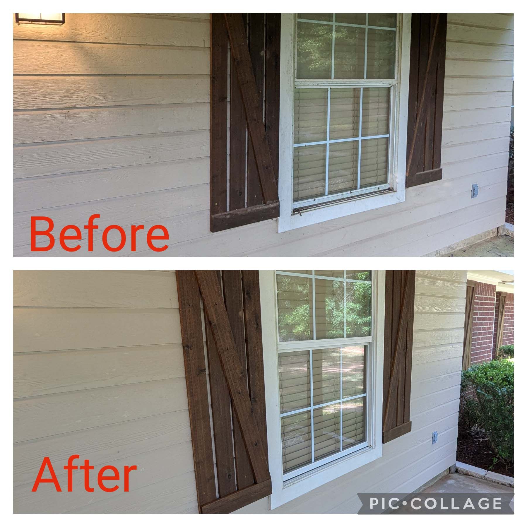 Before-and-after view of a house window with brown shutters and updated white trim on beige siding.