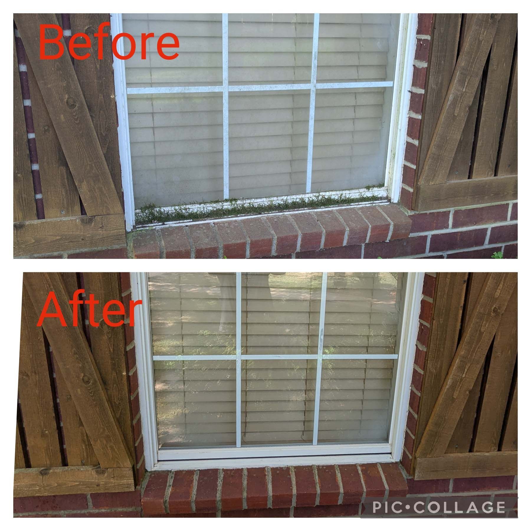 Before-and-after collage of a brick house window with shutters, showing cleaner blinds in the after image.