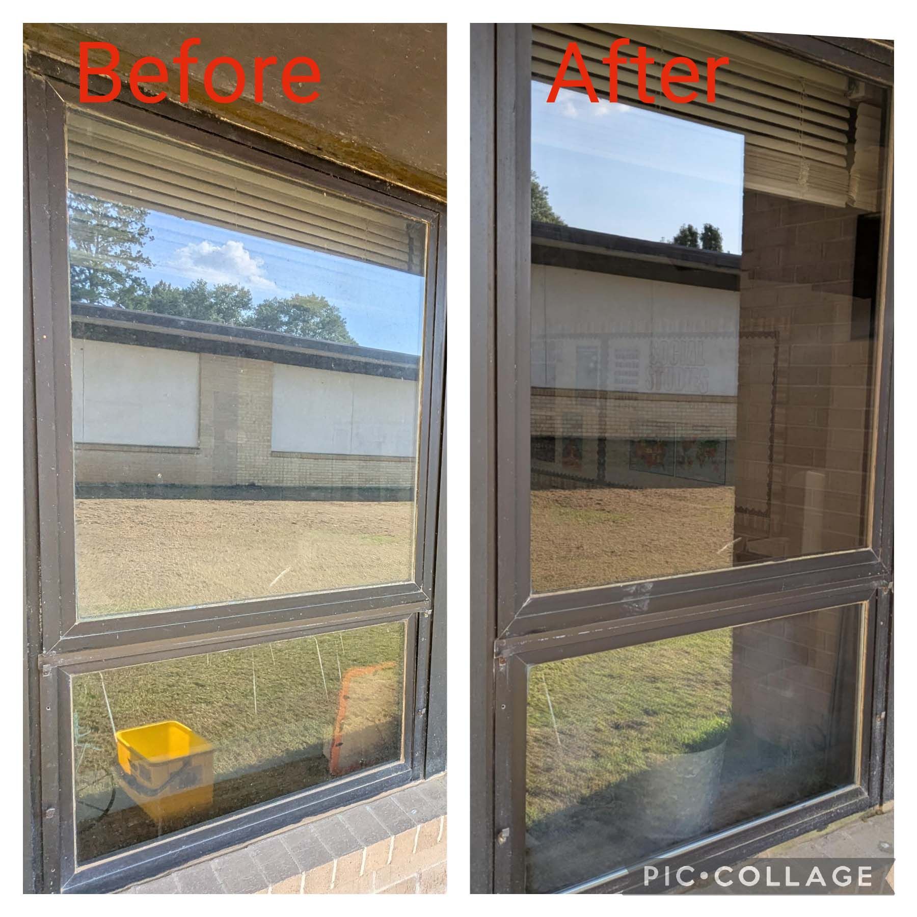 Before-and-after view of a window with a reflective film, showing a brighter view before and darker tint after.