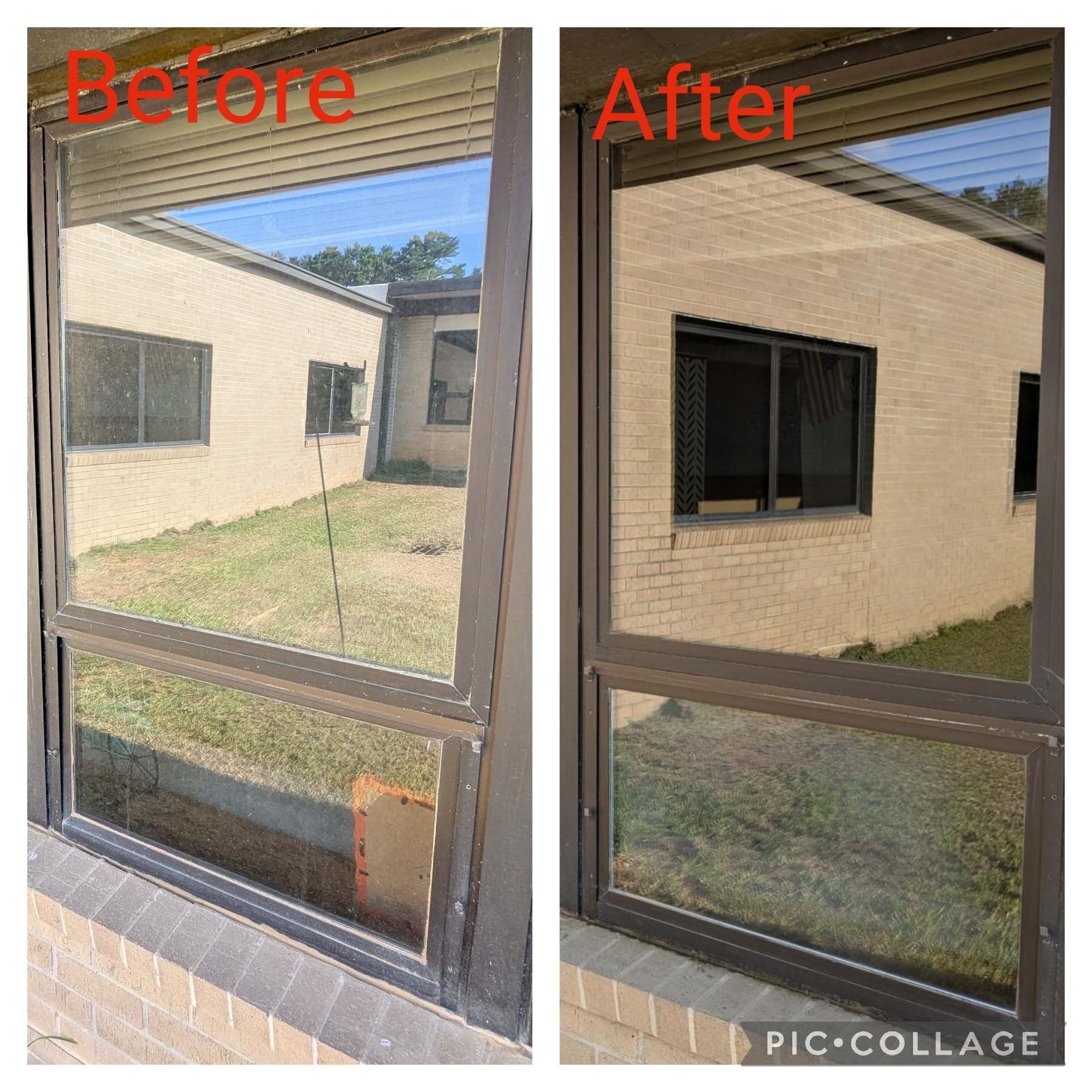 Before-and-after view from a window: bright yard changed to a darker view of a tan building.