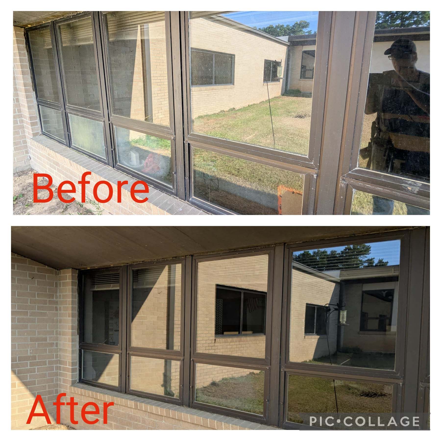 Before-and-after patio window repair: damaged frames replaced with dark brown screens and trim.