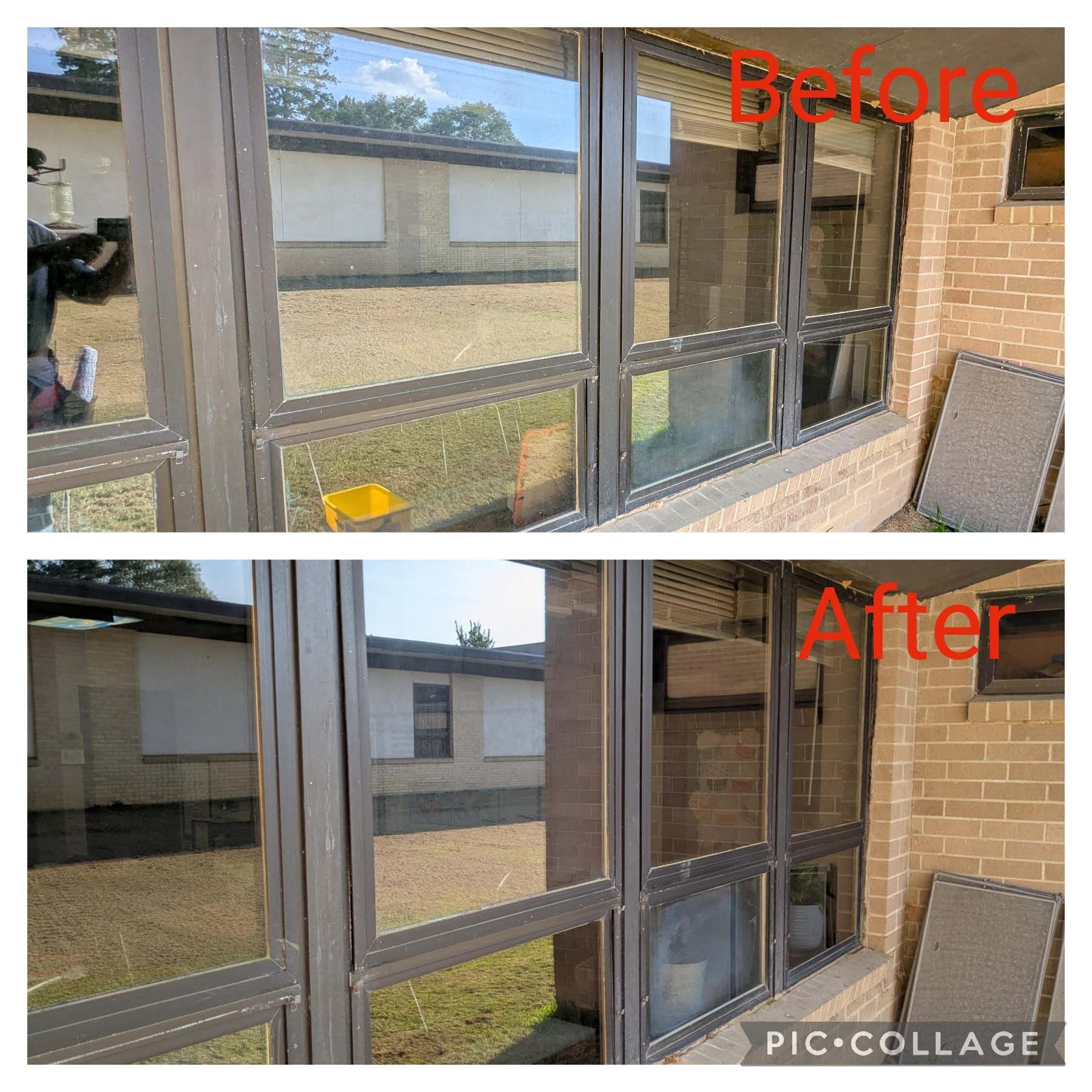 Before-and-after view of cleaned window panes reflecting a building and lawn, with red labels “Before” and “After”
