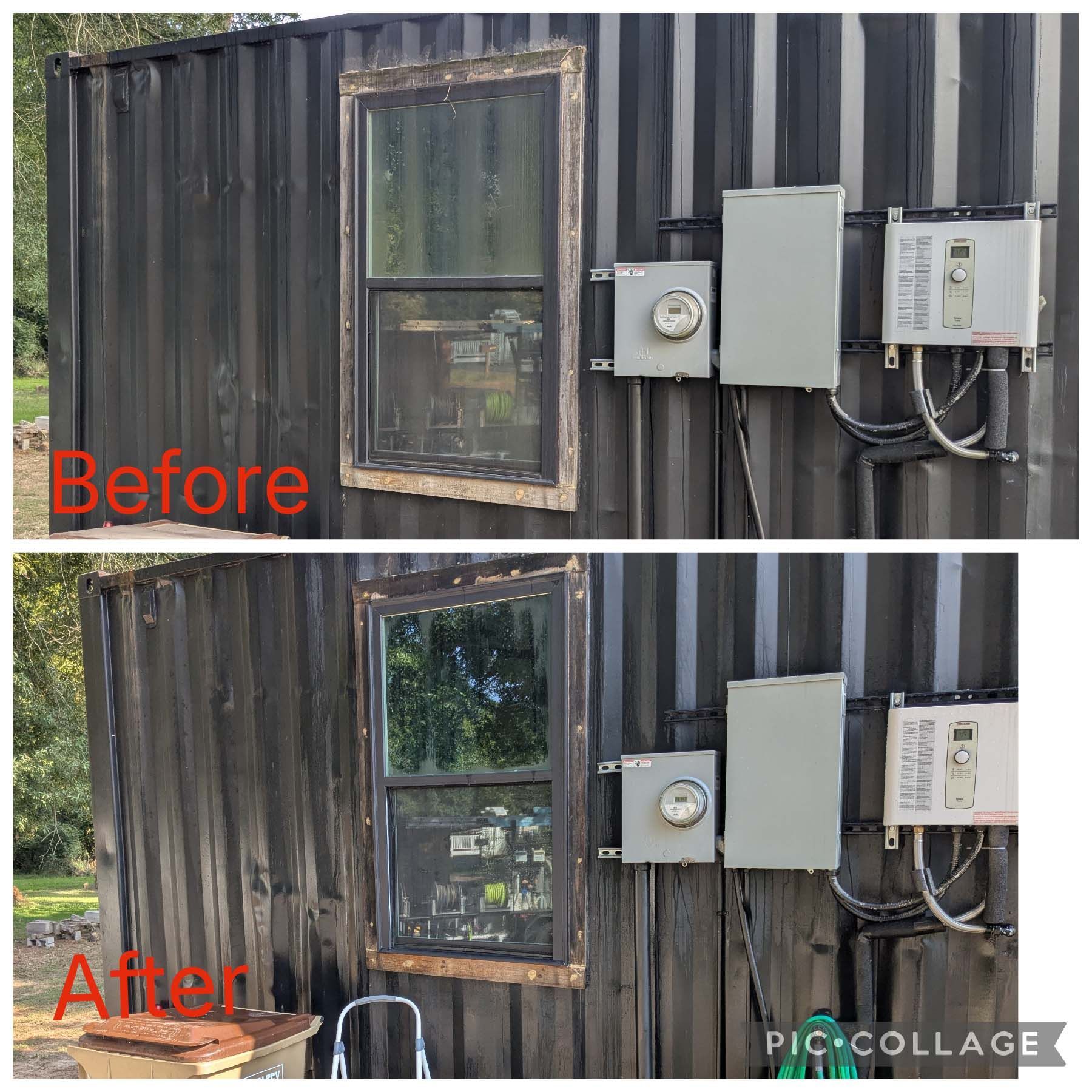 Before-and-after of a weathered wooden wall with a window and utility boxes, showing a cleaner finish after repair