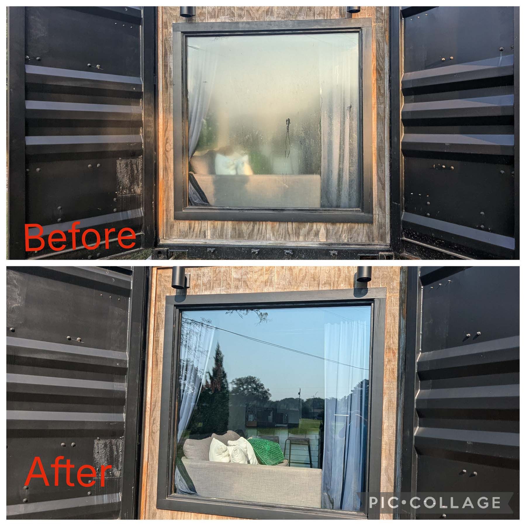 Before-and-after of a weathered window frame restored to a cleaner, reflective finish.