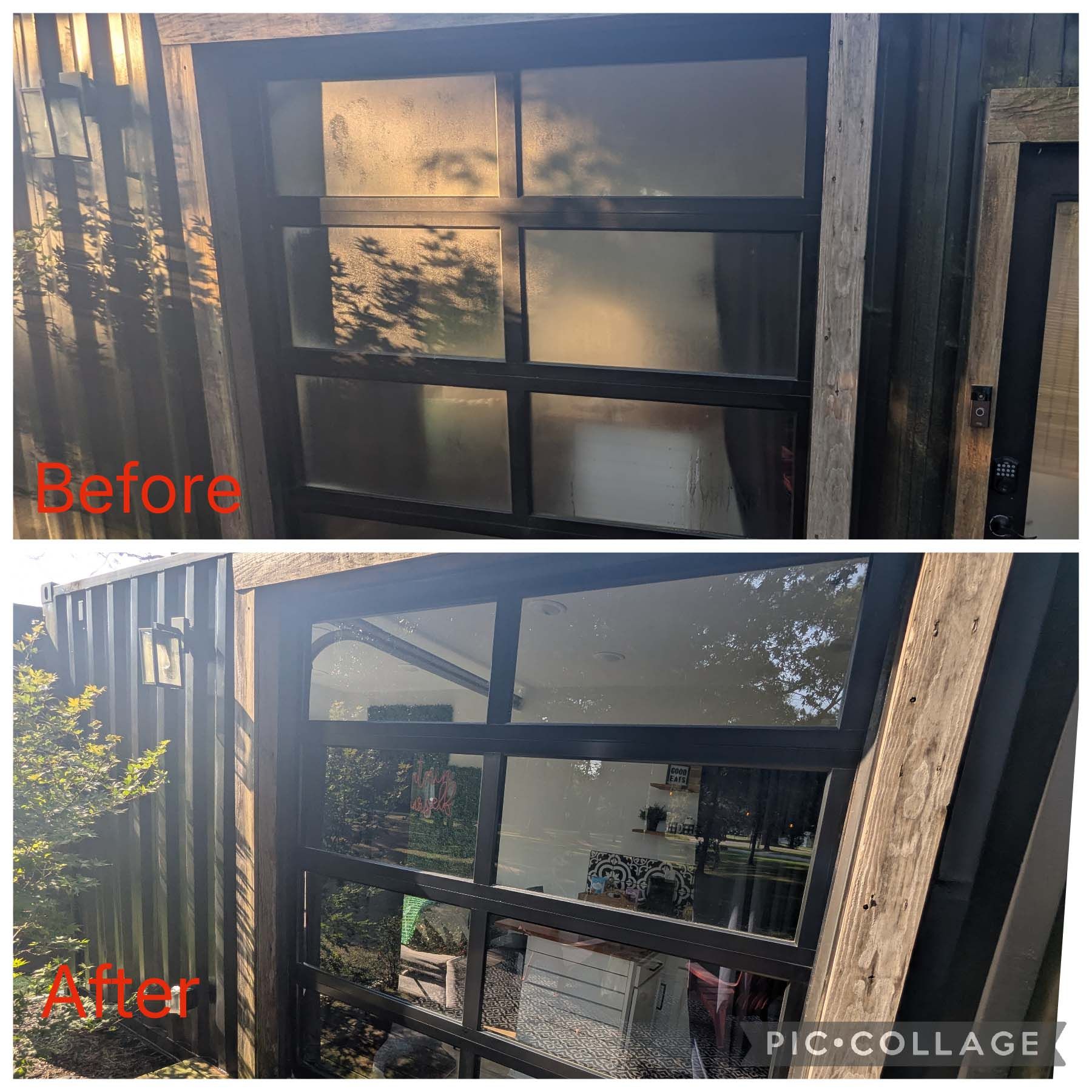 Before-and-after of a window with frosted glass replaced by clear reflective glass in a wooden fence.